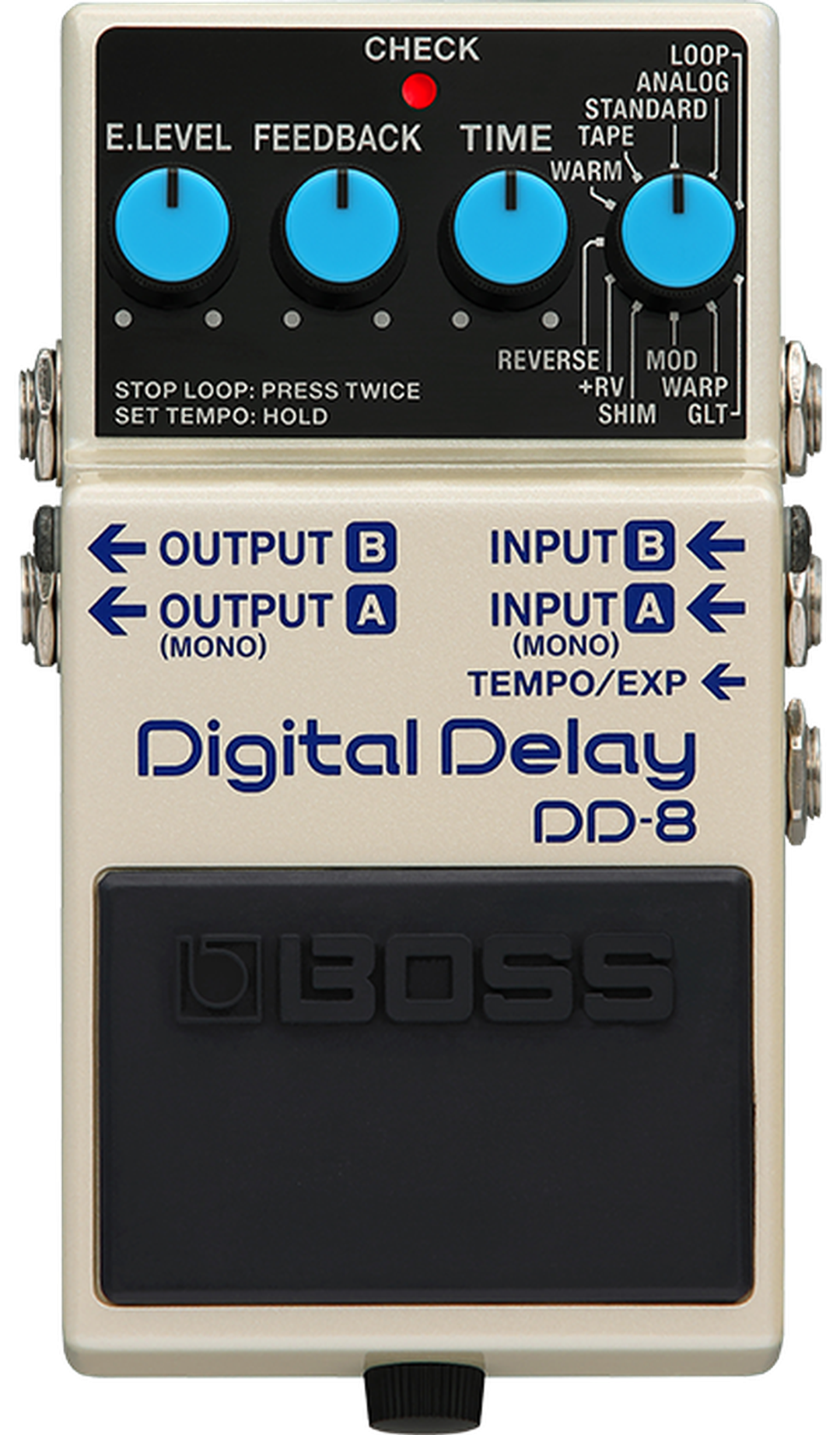 BOSS DD-8 Digital Delay, top-down view, gold compact enclosure, E.LEVEL FEEDBACK TIME MODE knobs, CARRYOVER
