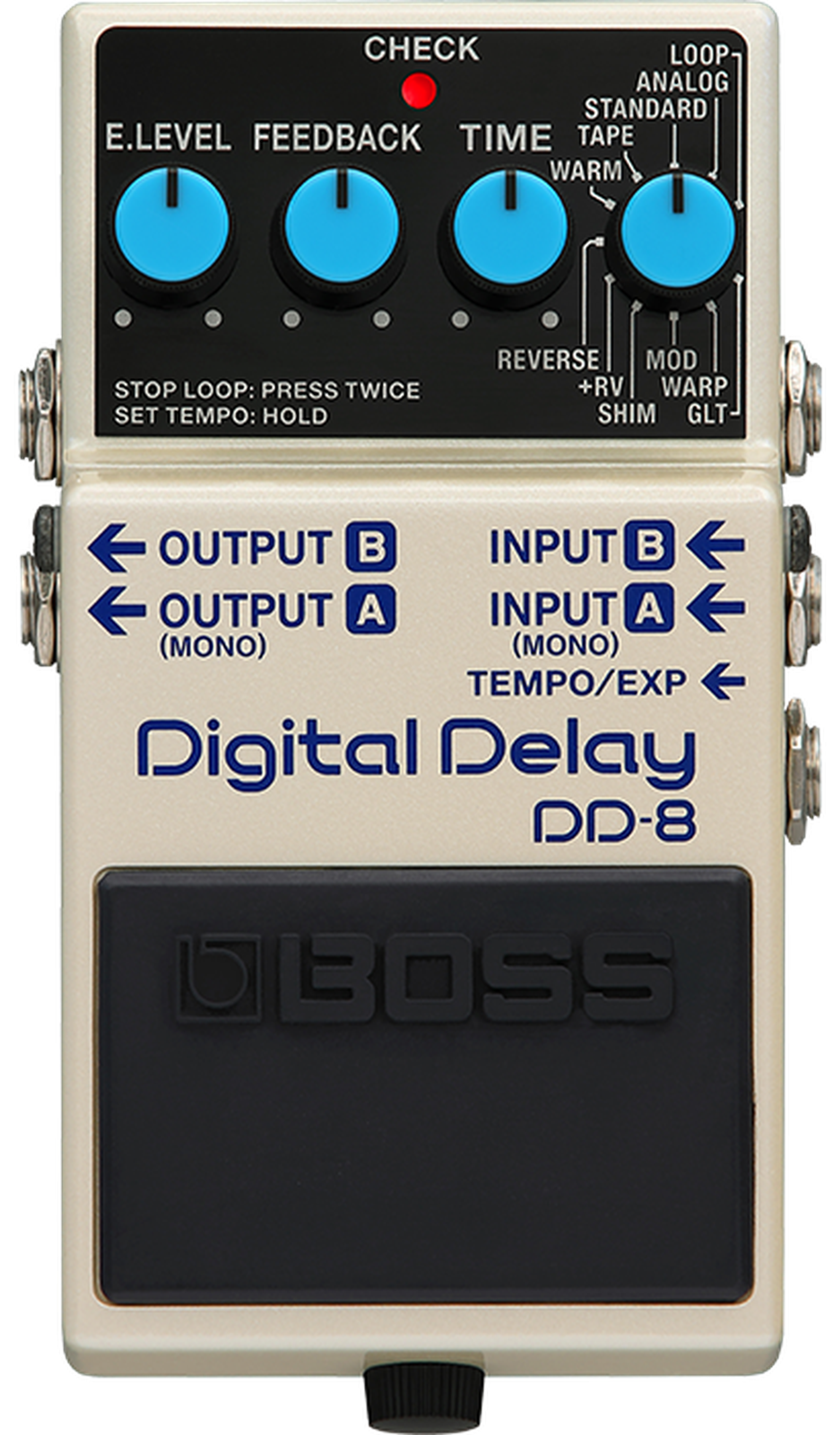 BOSS DD-8 Digital Delay, top-down view, gold compact enclosure, E.LEVEL FEEDBACK TIME MODE knobs, CARRYOVER