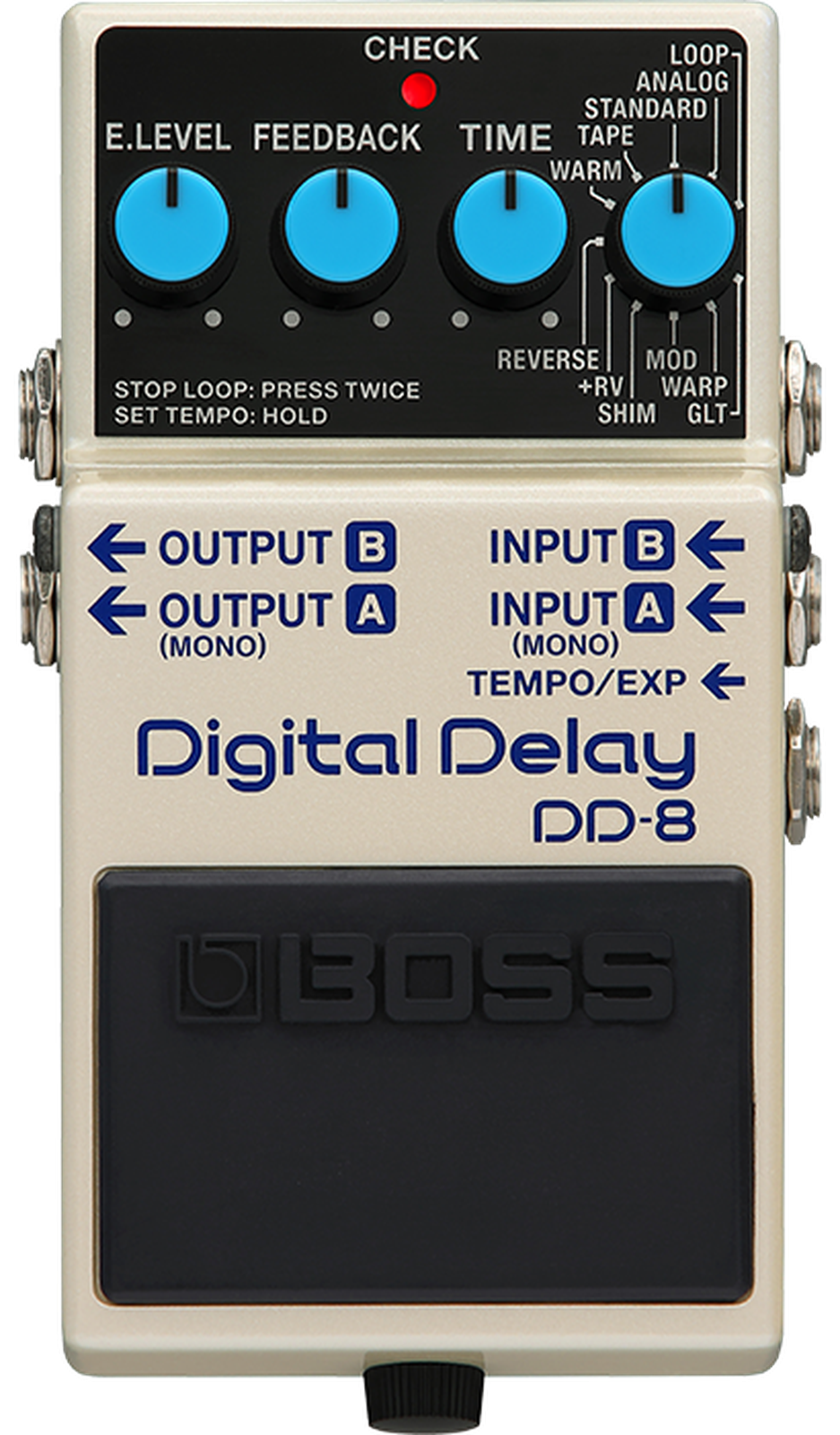 BOSS DD-8 Digital Delay, top-down view, gold compact enclosure, E.LEVEL FEEDBACK TIME MODE knobs, CARRYOVER