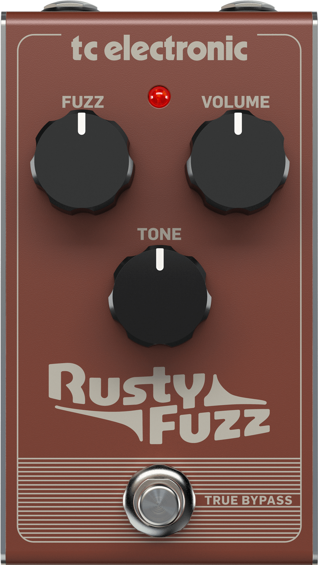 TC Electronic Rusty Fuzz pedal, top-down view, dusty-pink enclosure with three black knobs, a red LED, one footswitch and Rusty Fuzz lettering