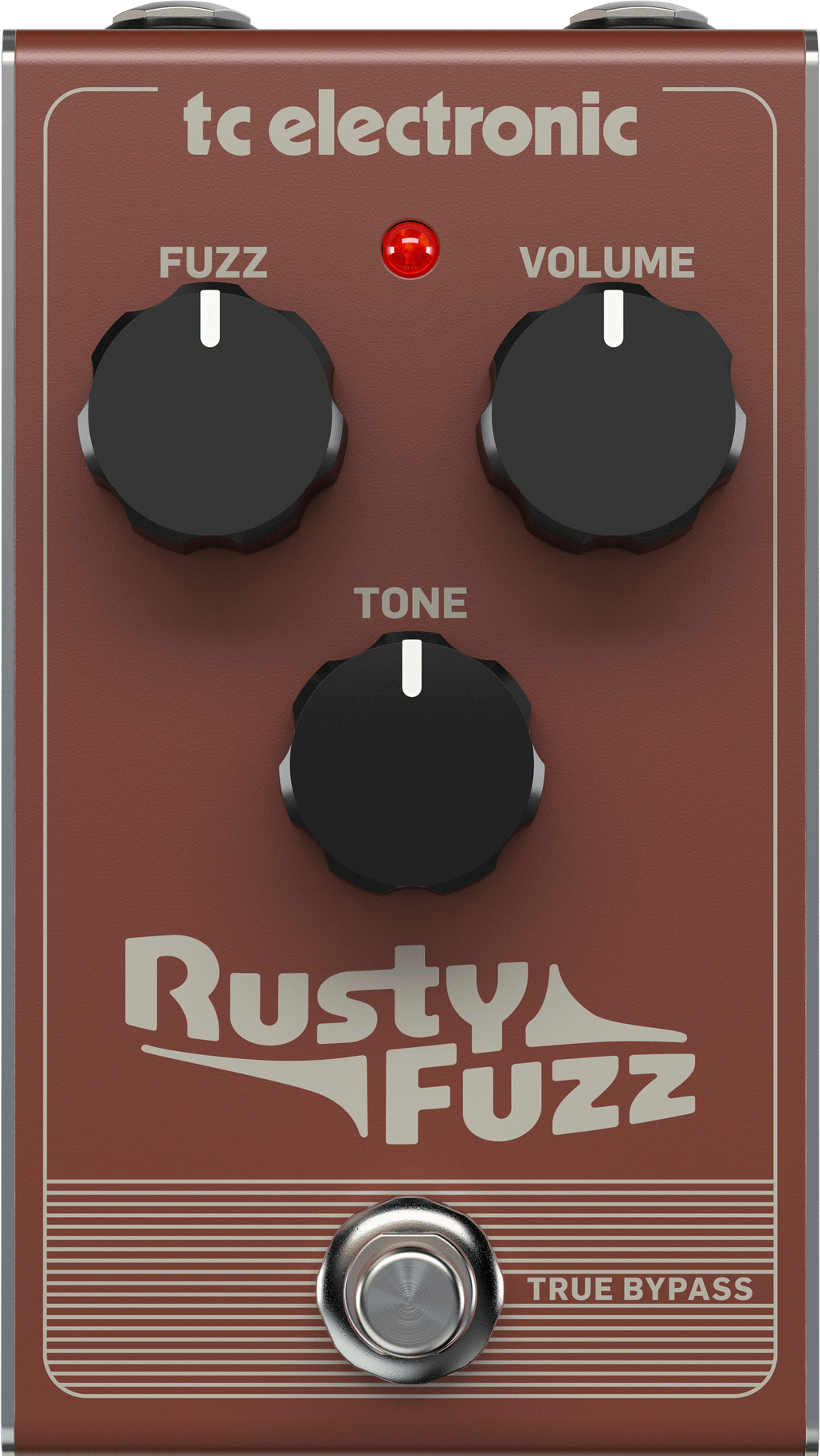 TC Electronic Rusty Fuzz pedal, top-down view, dusty-pink enclosure with three black knobs, a red LED, one footswitch and Rusty Fuzz lettering