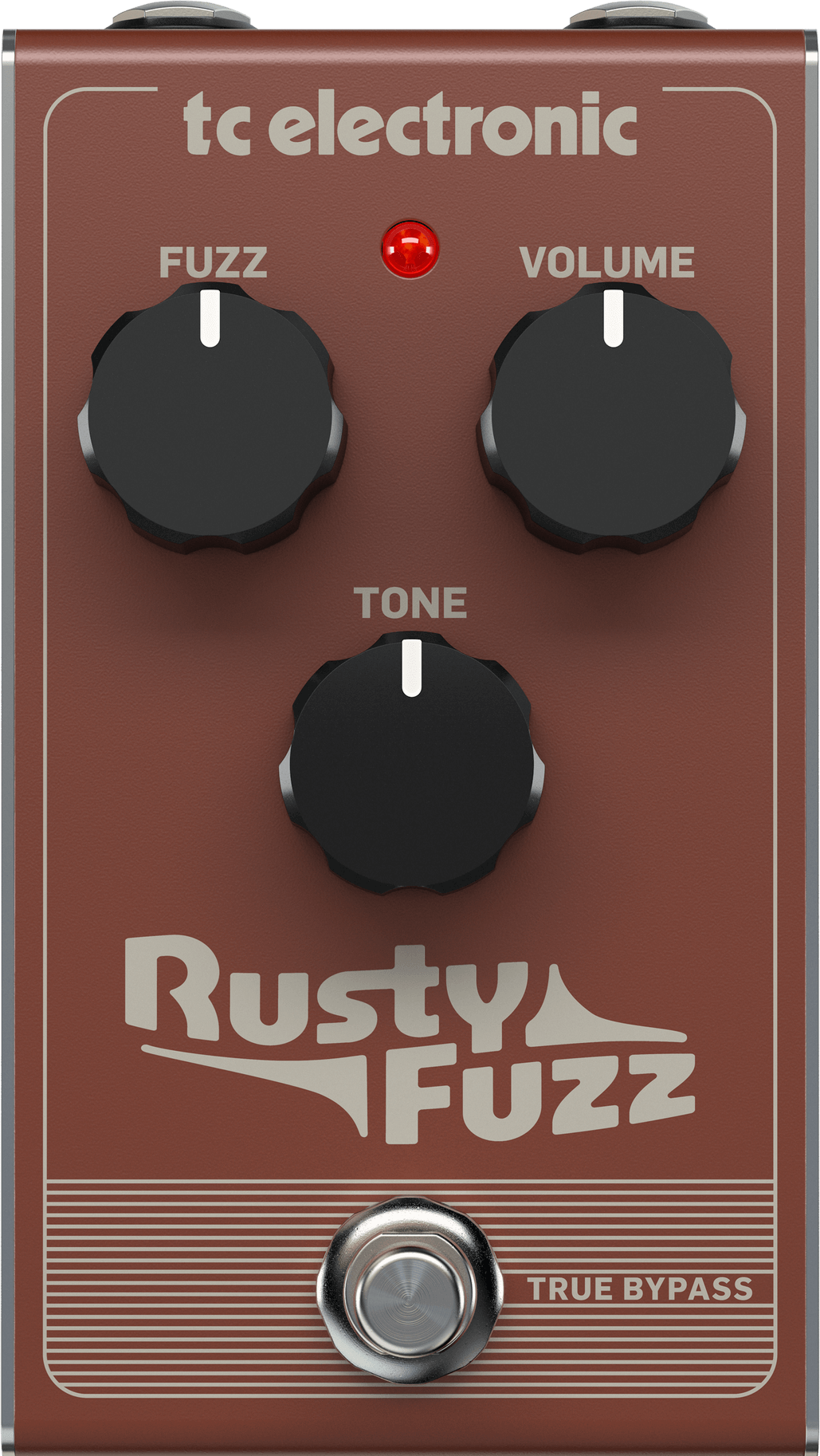 TC Electronic Rusty Fuzz pedal, top-down view, dusty-pink enclosure with three black knobs, a red LED, one footswitch and Rusty Fuzz lettering
