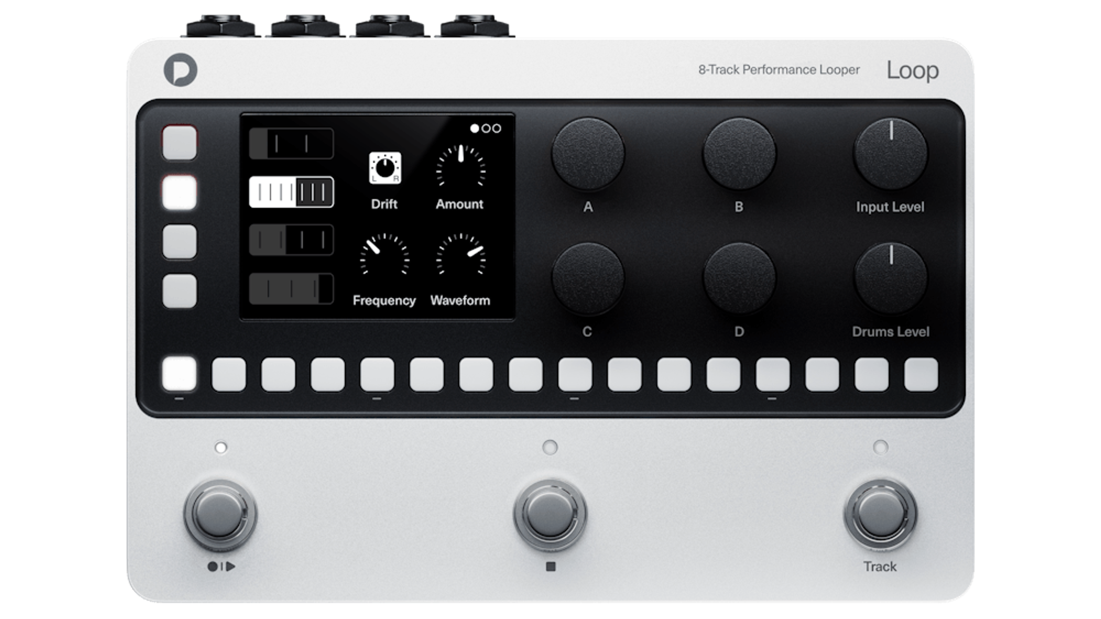 Polyend Loop, front three-quarter packshot, footswitches and grid pads on dark chassis