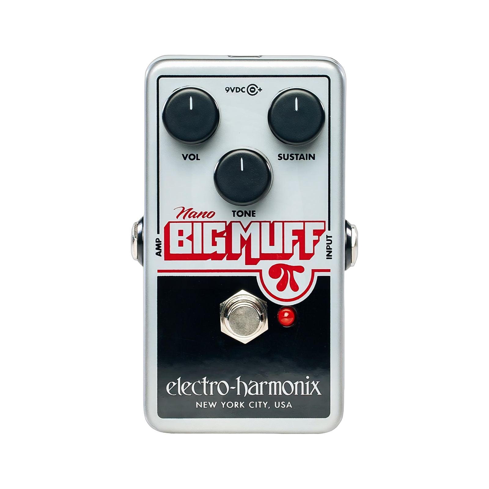 Electro-Harmonix Nano Big Muff Pi top view, silver nano enclosure with Vol Sustain and Tone knobs and Big Muff branding