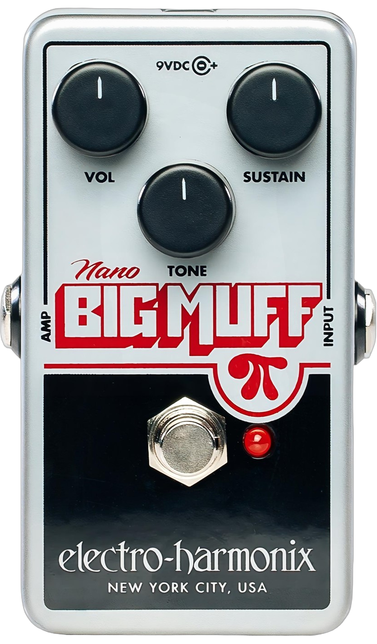 Electro-Harmonix Nano Big Muff Pi top view, silver nano enclosure with Vol Sustain and Tone knobs and Big Muff branding