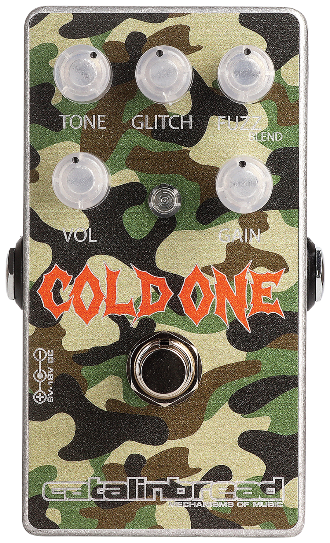 Catalinbread Cold One, top-down view, camouflage enclosure, five clear knobs, orange Cold One logo