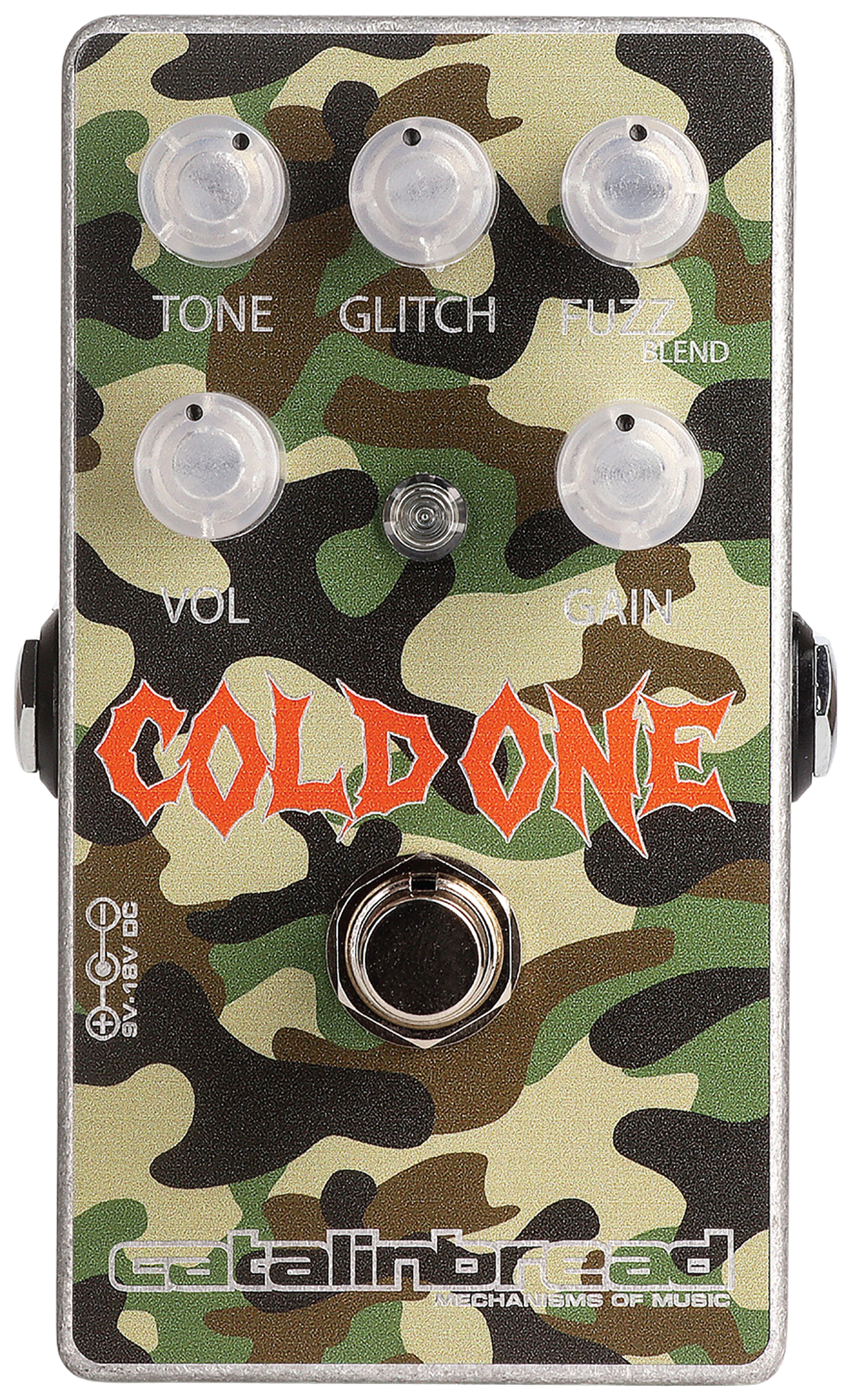 Catalinbread Cold One, top-down view, camouflage enclosure, five clear knobs, orange Cold One logo