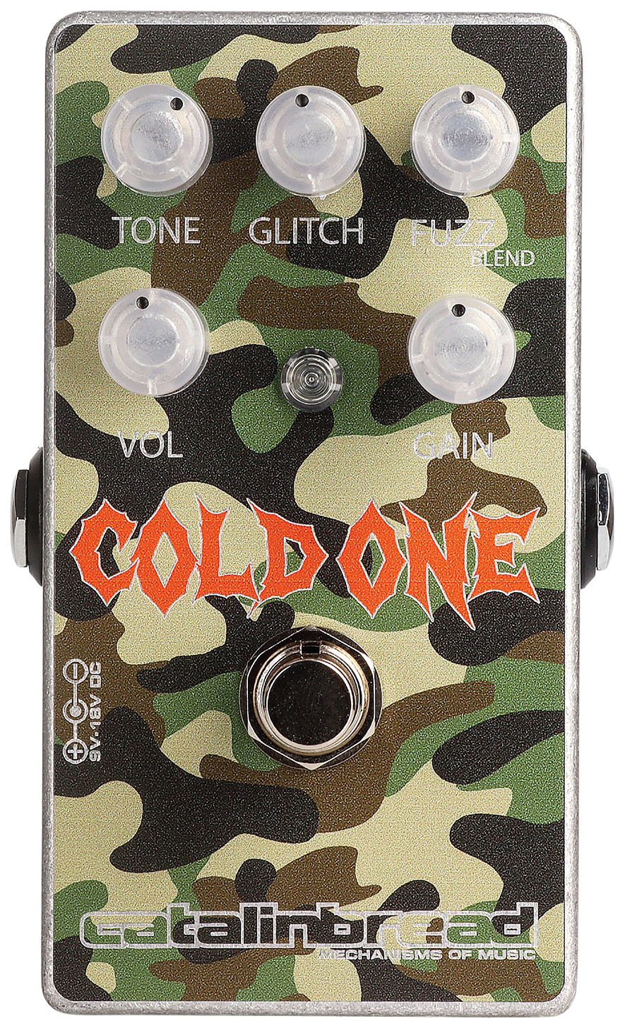 Catalinbread Cold One, top-down view, camouflage enclosure, five clear knobs, orange Cold One logo