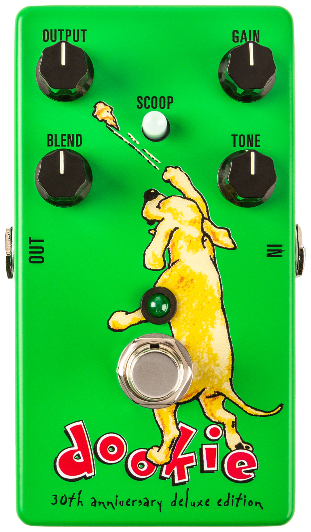 MXR Dookie Drive 30th Anniversary, top-down view, green enclosure, yellow dog artwork, 30th anniversary deluxe edition text