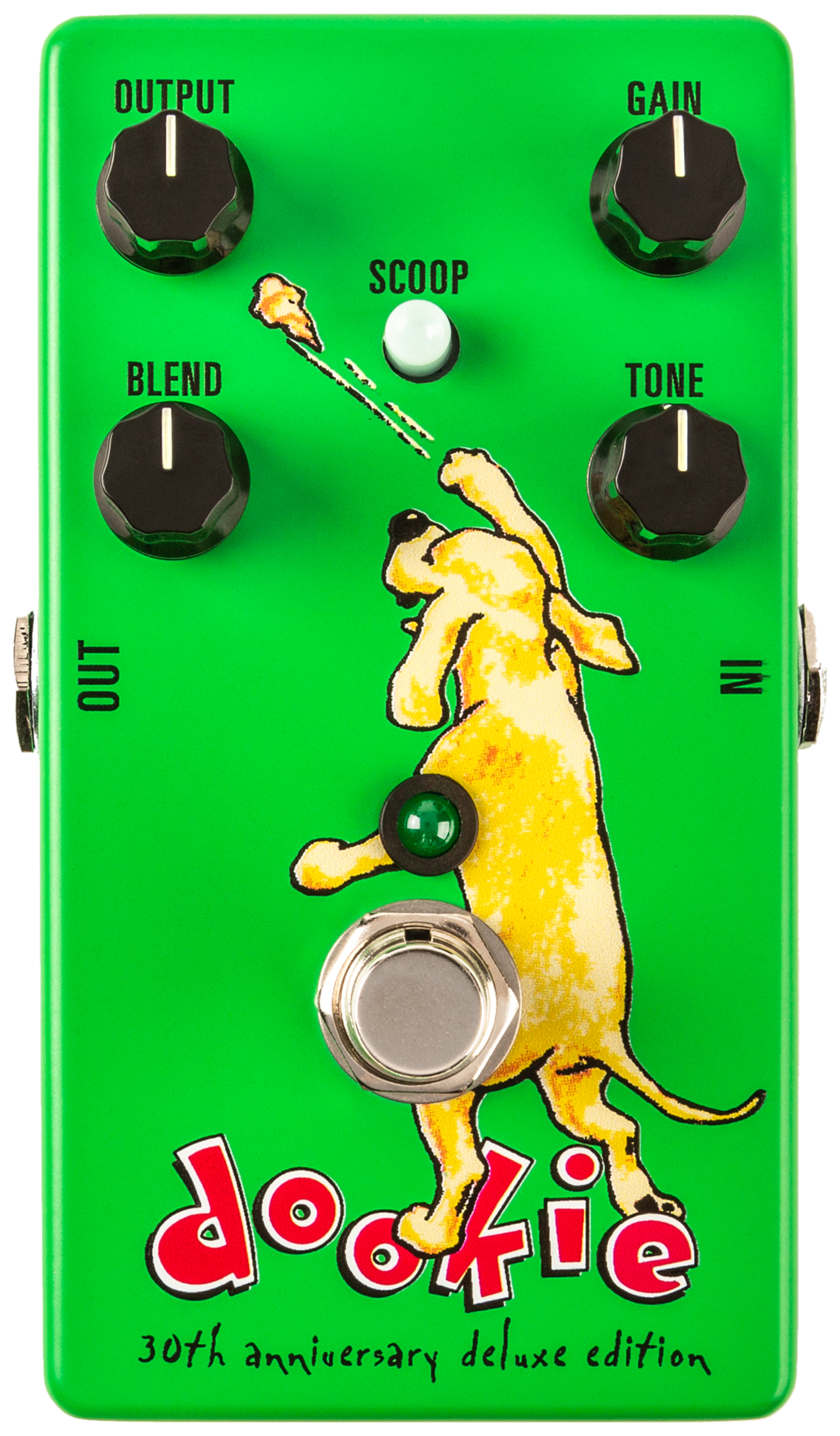 MXR Dookie Drive 30th Anniversary, top-down view, green enclosure, yellow dog artwork, 30th anniversary deluxe edition text