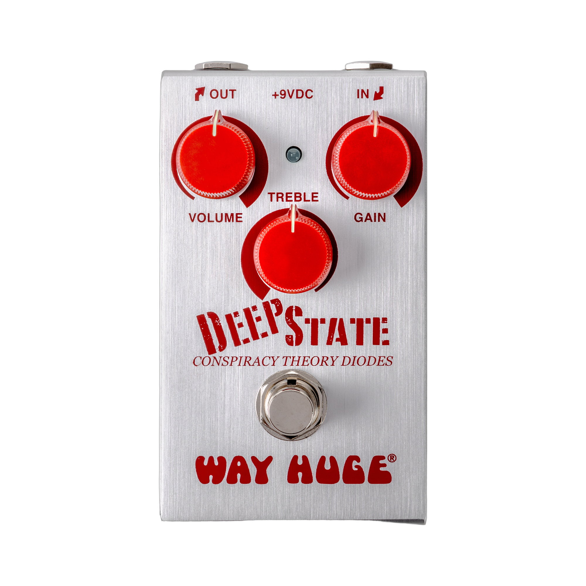 Way Huge Deep State, top-down packshot, red VOLUME GAIN TREBLE knobs, DEEP STATE and WAY HUGE logos