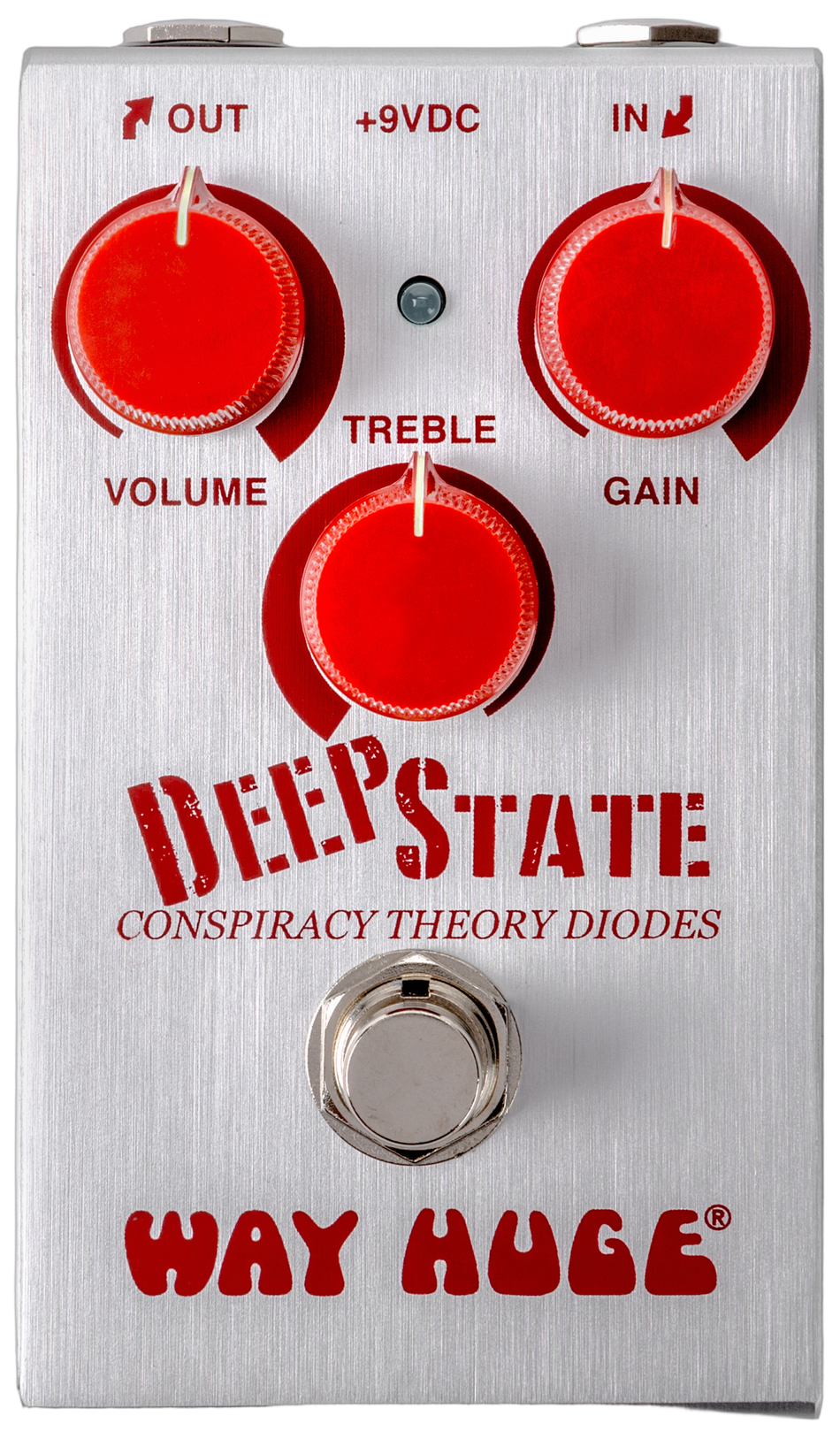 Way Huge Deep State, top-down packshot, red VOLUME GAIN TREBLE knobs, DEEP STATE and WAY HUGE logos