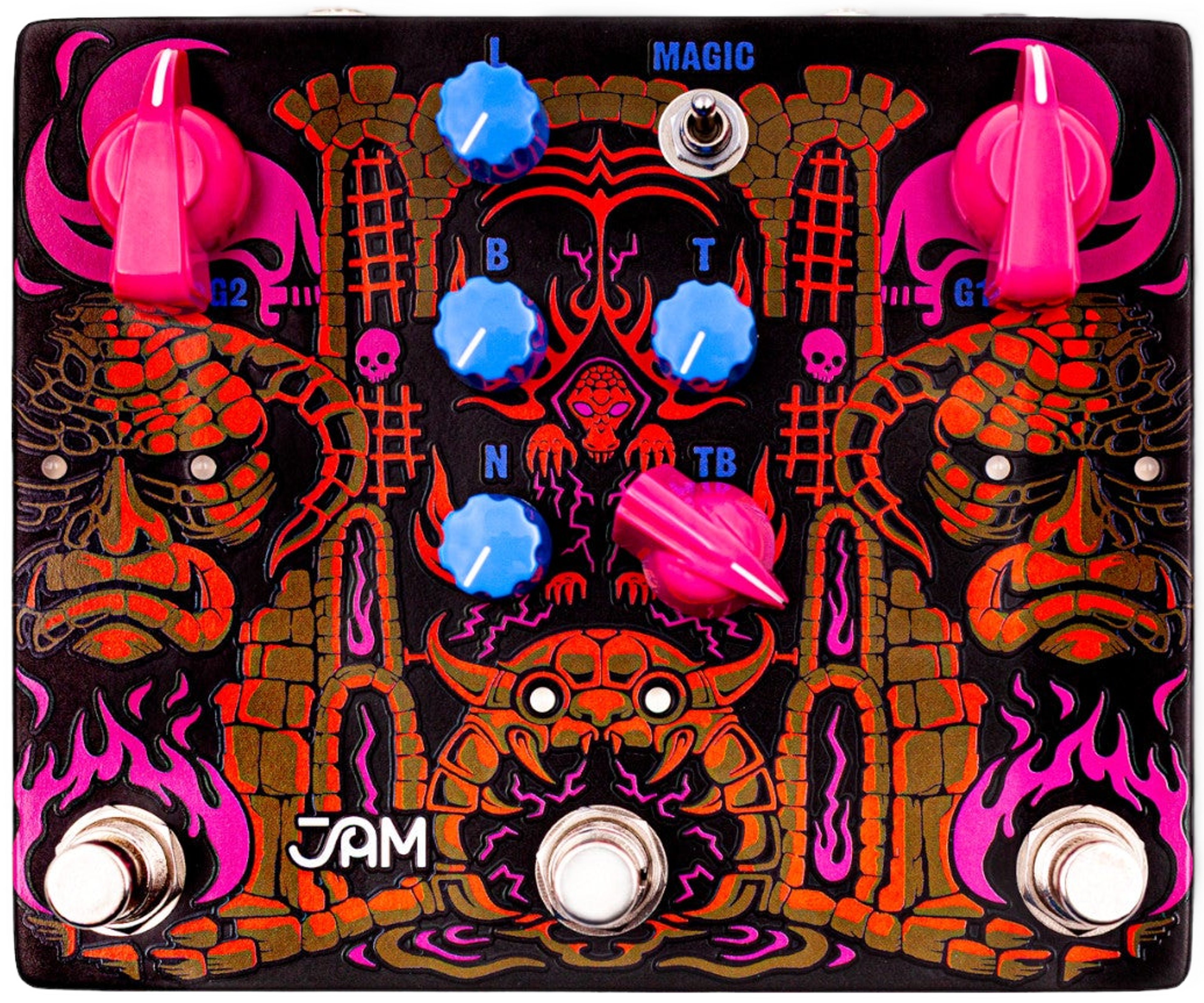 JAM Pedals Tiny Amp Destroyer pedal, top-down view, black enclosure with colourful artwork, pink and blue knobs and three footswitches