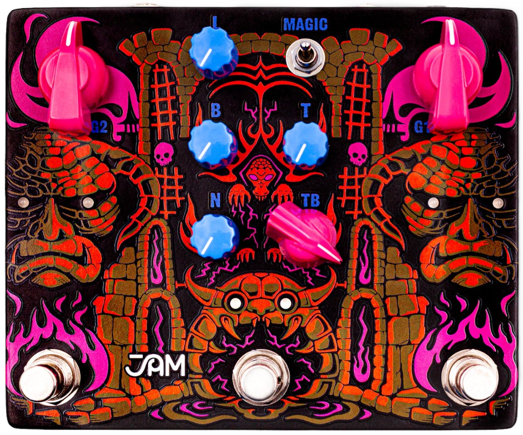 JAM Pedals Tiny Amp Destroyer pedal, top-down view, black enclosure with colourful artwork, pink and blue knobs and three footswitches