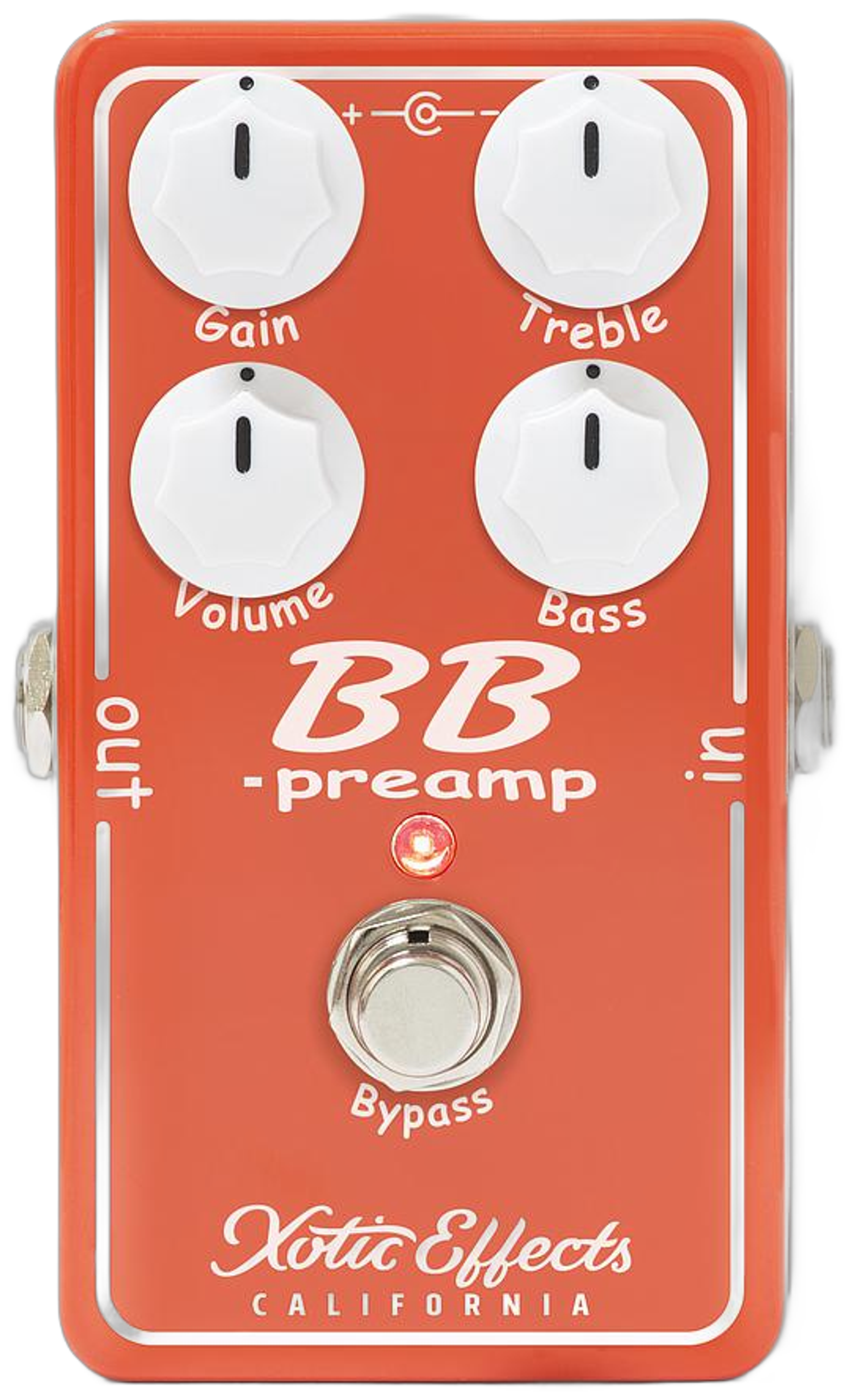 Xotic BB Preamp V1.5, top-down view, orange enclosure, four white knobs, BB preamp logo