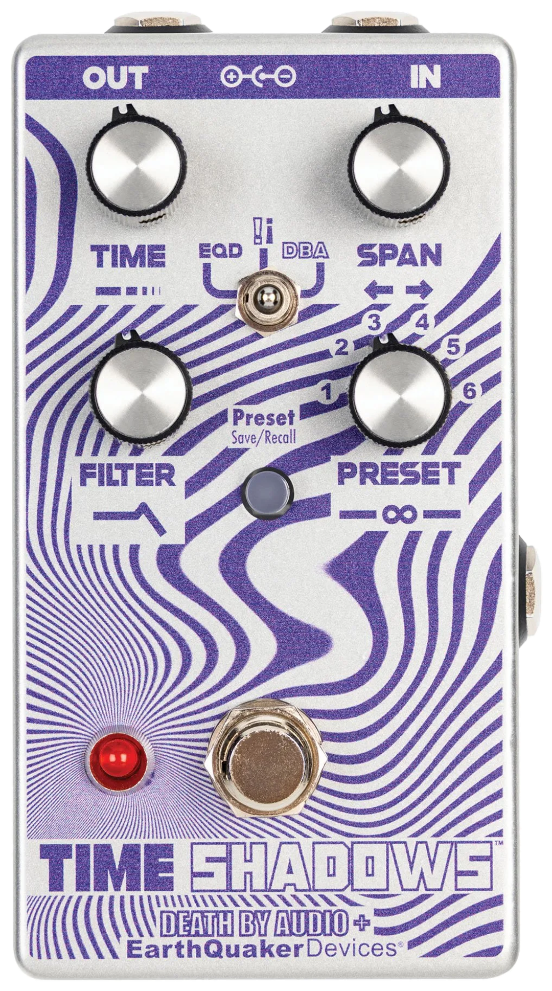 EarthQuaker Devices Time Shadows II, top-down view, silver enclosure with purple wave graphic, EQD !¡ DBA mode switch, Death By Audio + EarthQuaker Devices logo