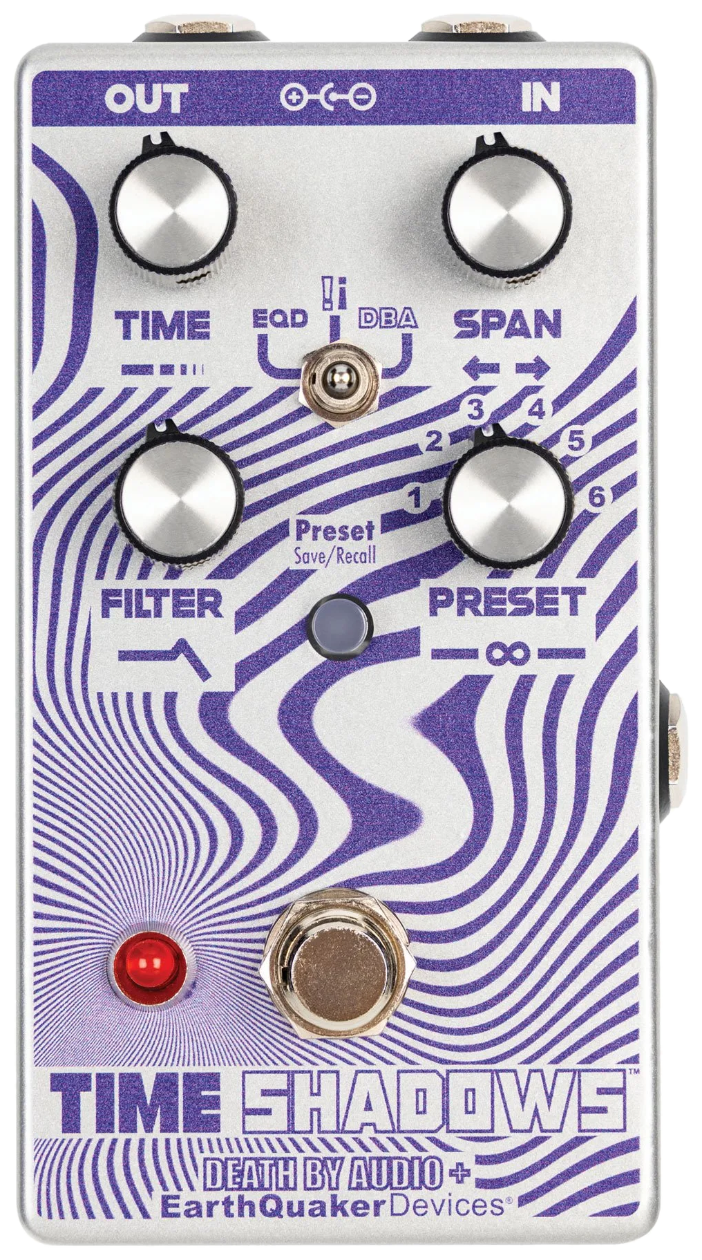 EarthQuaker Devices Time Shadows II, top-down view, silver enclosure with purple wave graphic, EQD !¡ DBA mode switch, Death By Audio + EarthQuaker Devices logo