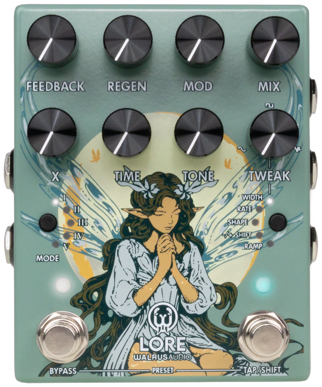 Walrus Audio Lore MKII, top-down, sage green enclosure with eight black knobs, illustrated fairy artwork and two footswitches