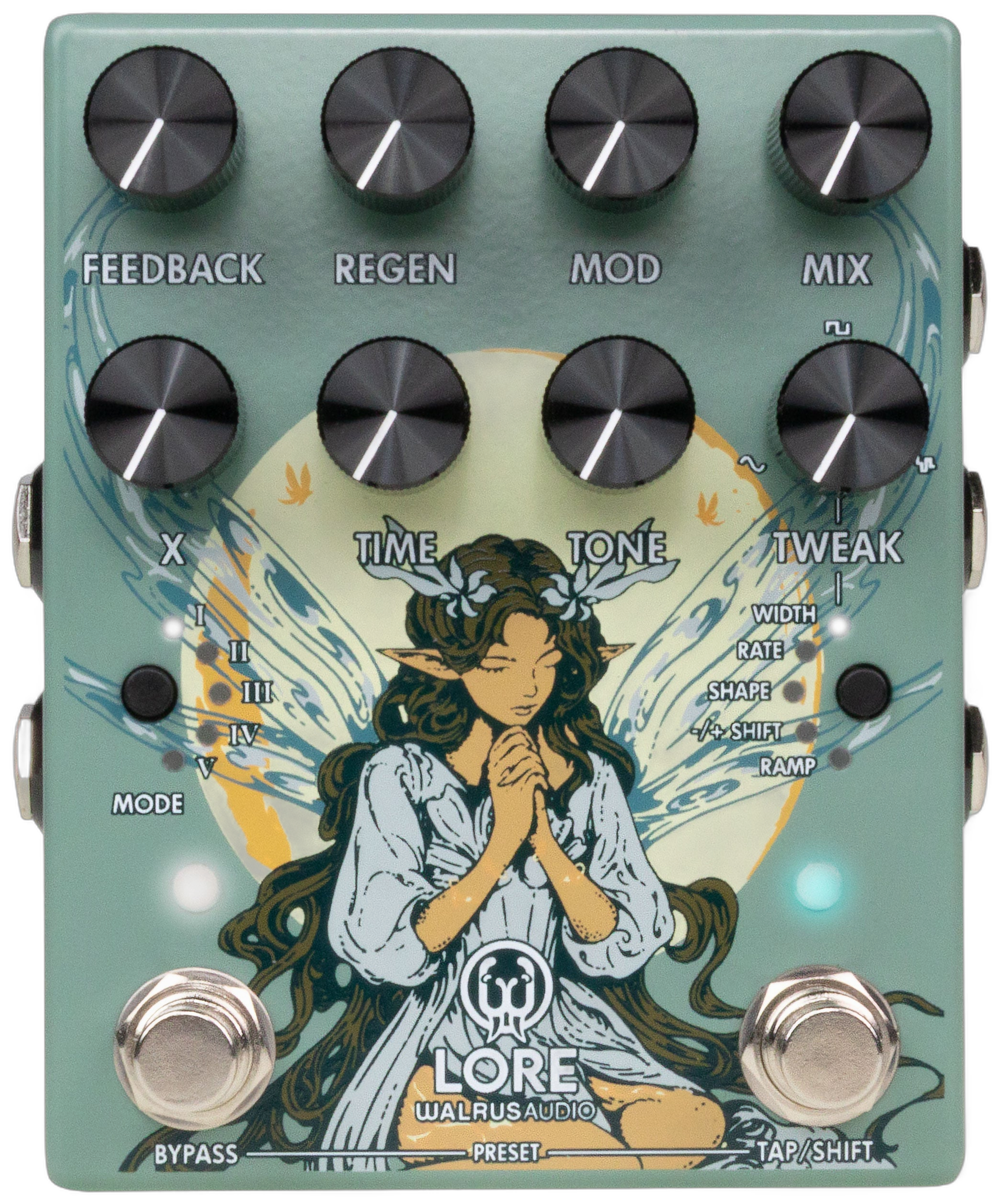Walrus Audio Lore MKII, top-down, sage green enclosure with eight black knobs, illustrated fairy artwork and two footswitches