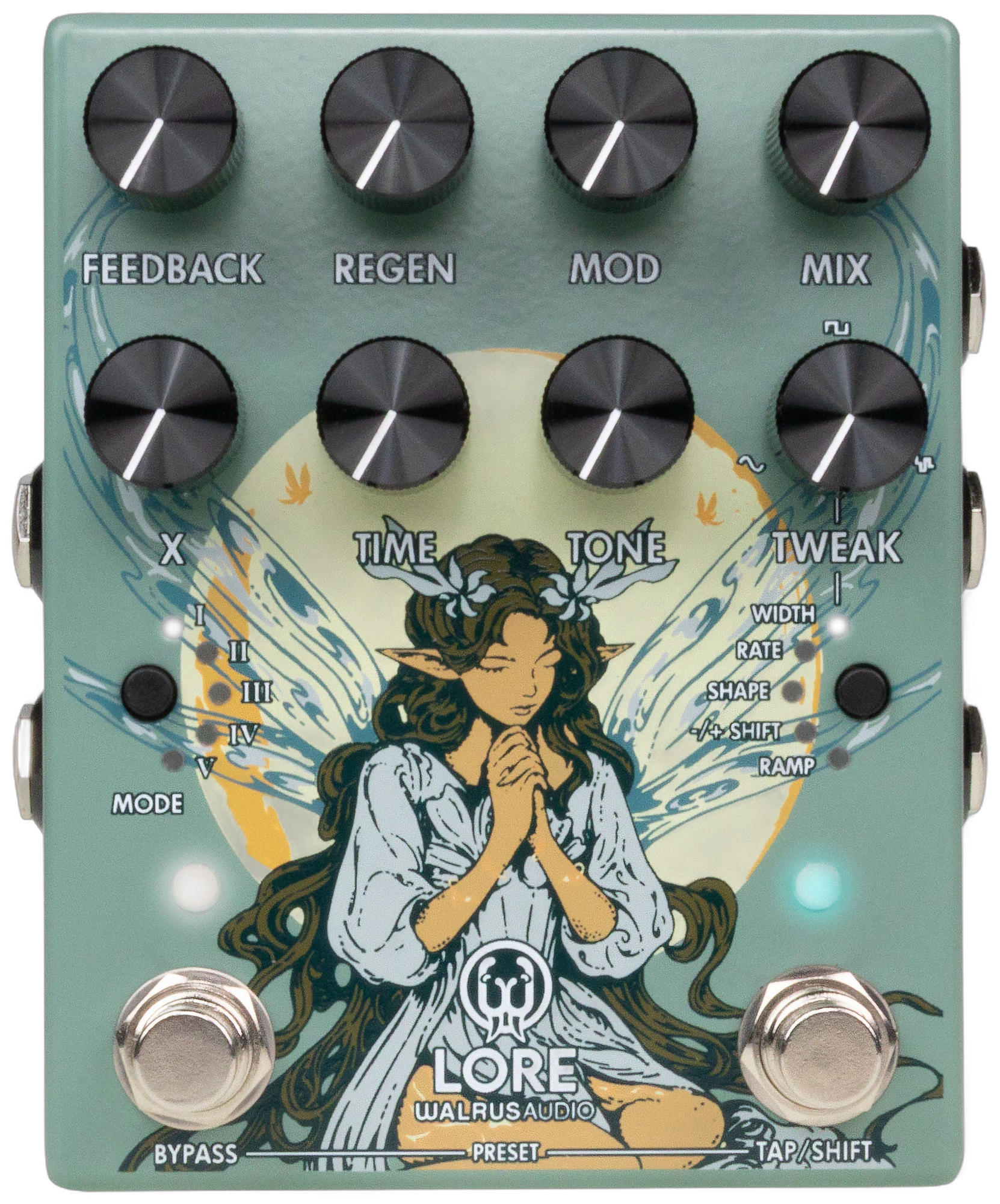 Walrus Audio Lore MKII, top-down, sage green enclosure with eight black knobs, illustrated fairy artwork and two footswitches