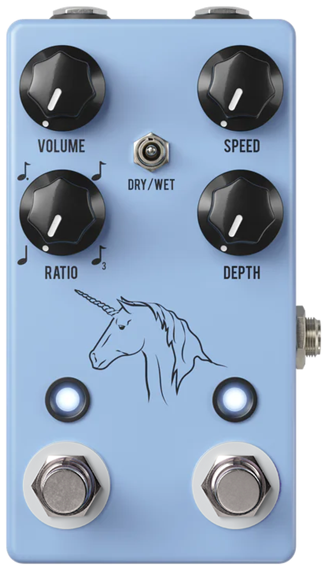 JHS Unicorn V2, top-down view, light blue enclosure, four black knobs, Dry/Wet toggle, unicorn graphic