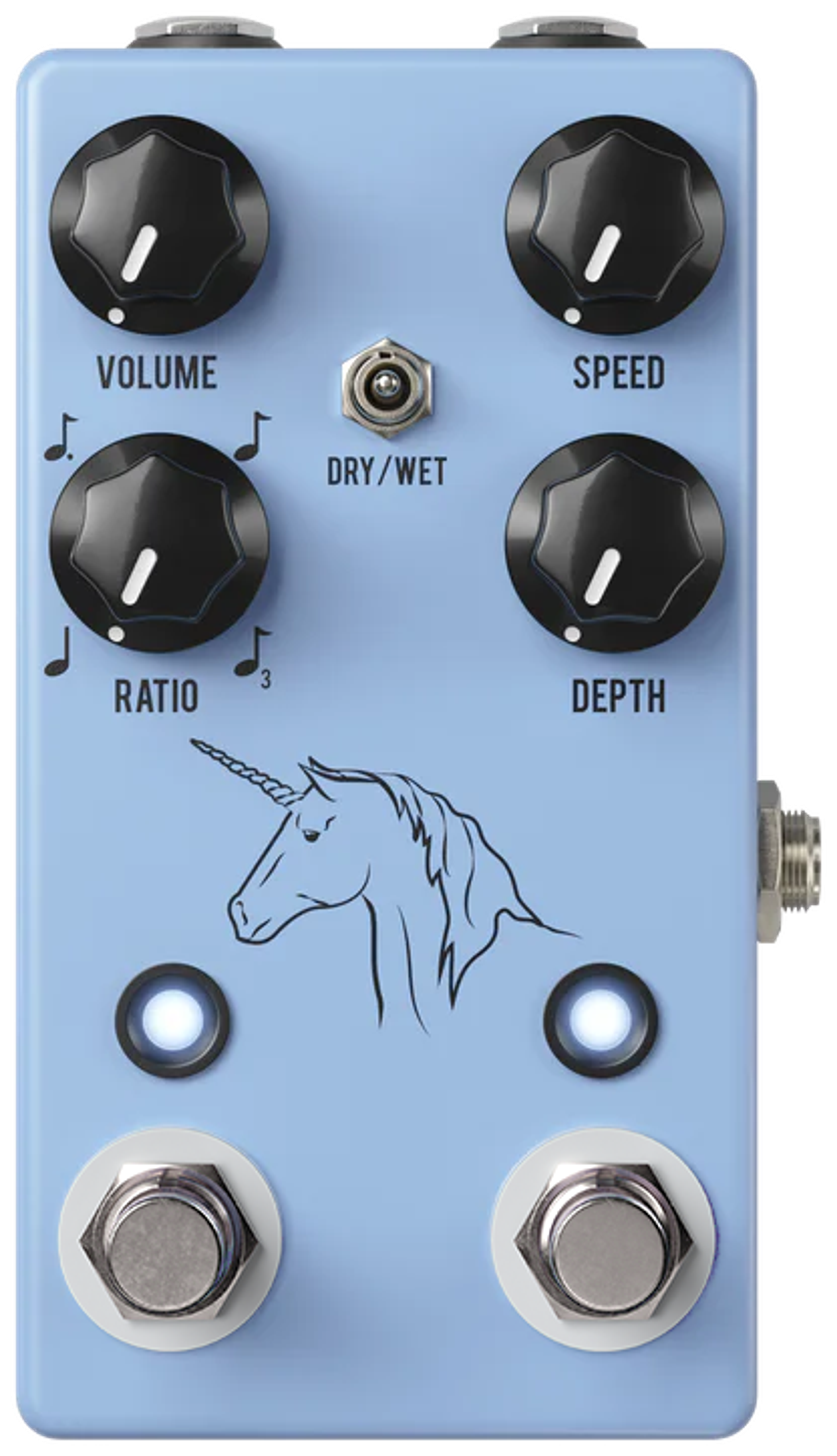 JHS Unicorn V2, top-down view, light blue enclosure, four black knobs, Dry/Wet toggle, unicorn graphic