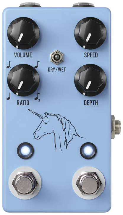 JHS Unicorn V2, top-down view, light blue enclosure, four black knobs, Dry/Wet toggle, unicorn graphic