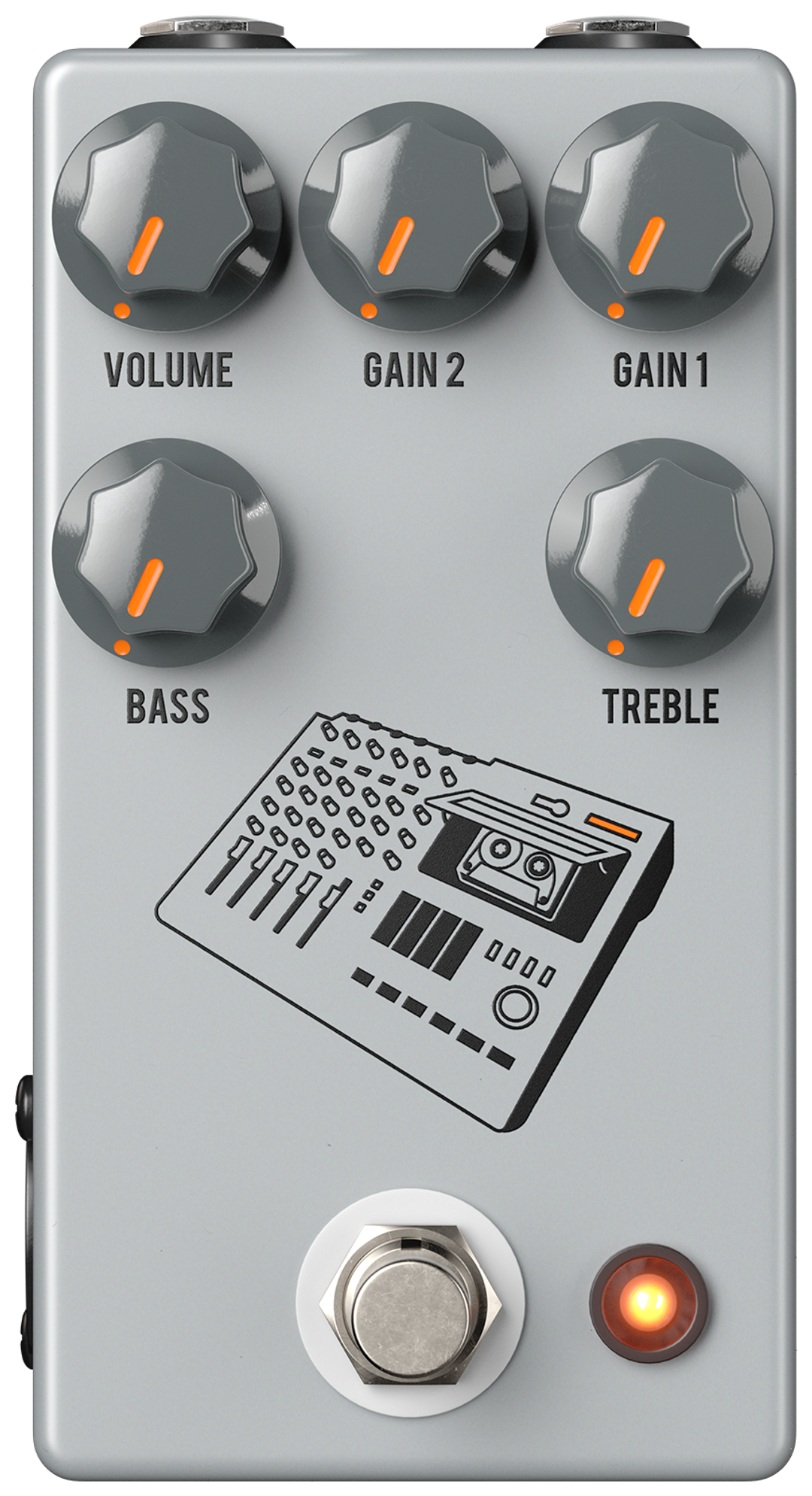 JHS 424 Gain Stage, top-down view, grey enclosure, five dark knobs, multi-track recorder graphic