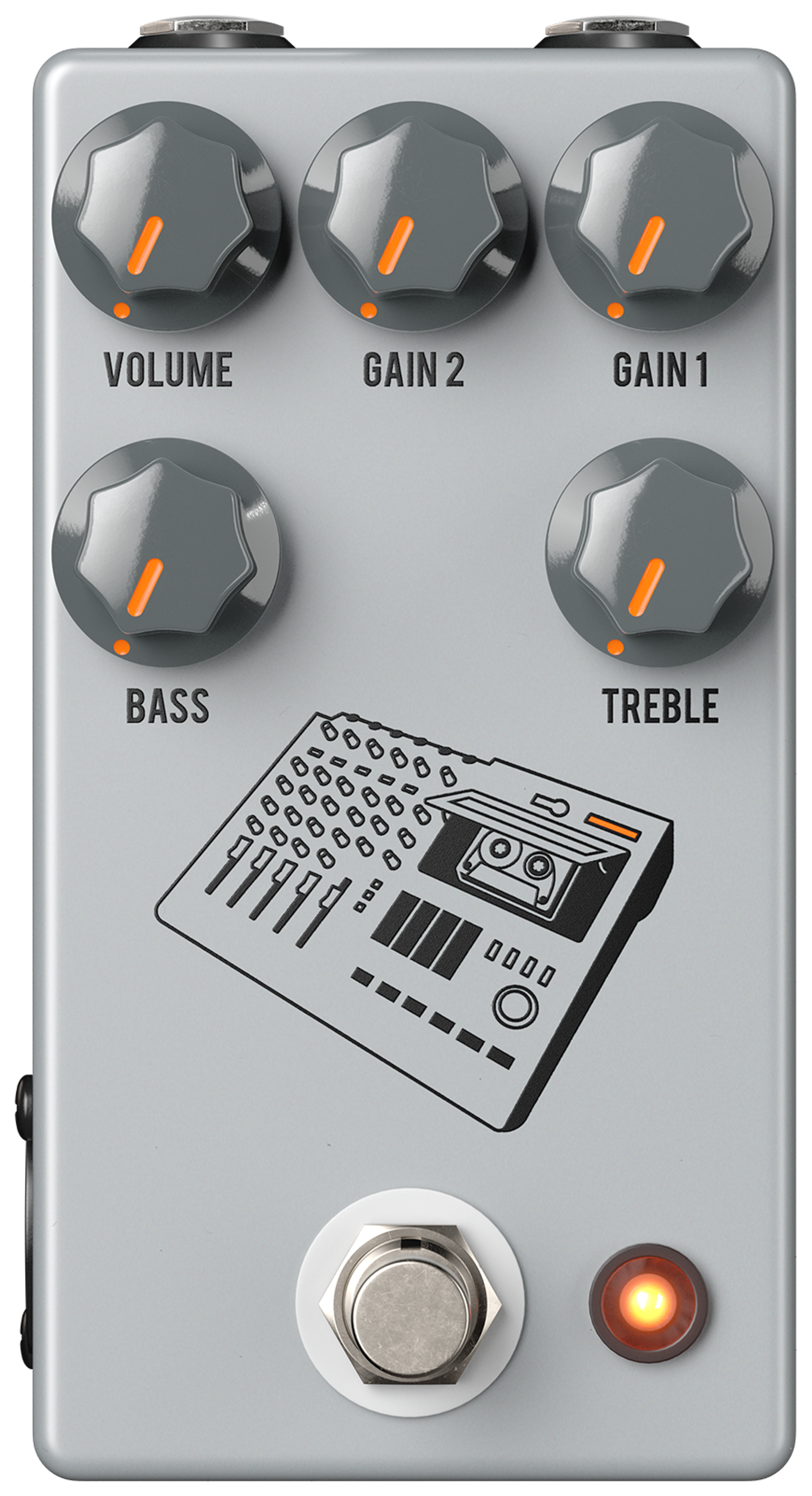 JHS 424 Gain Stage, top-down view, grey enclosure, five dark knobs, multi-track recorder graphic