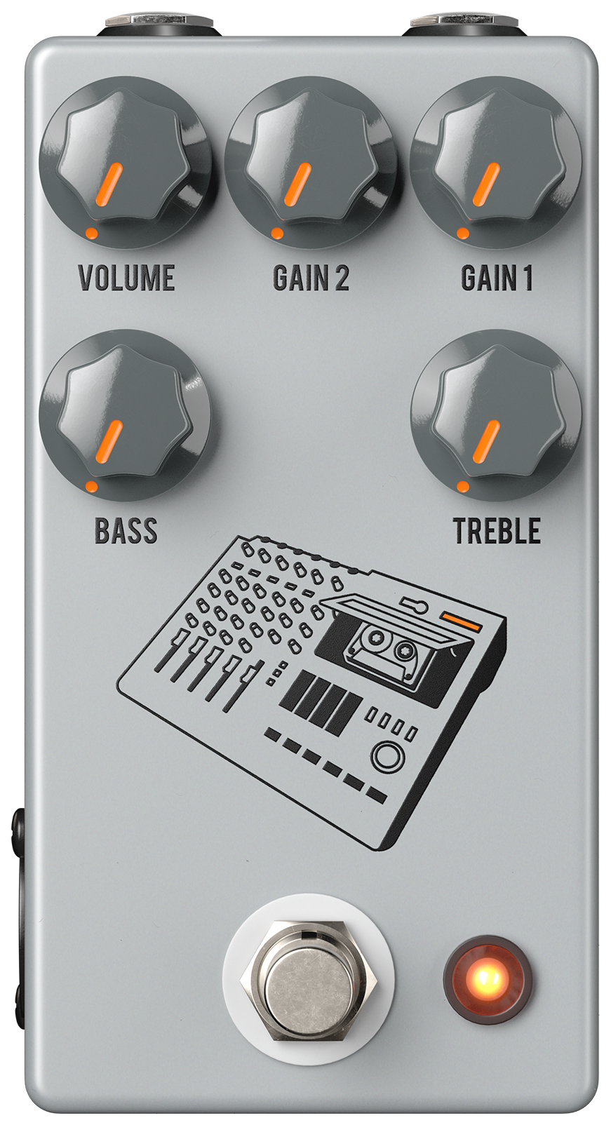 JHS 424 Gain Stage, top-down view, grey enclosure, five dark knobs, multi-track recorder graphic