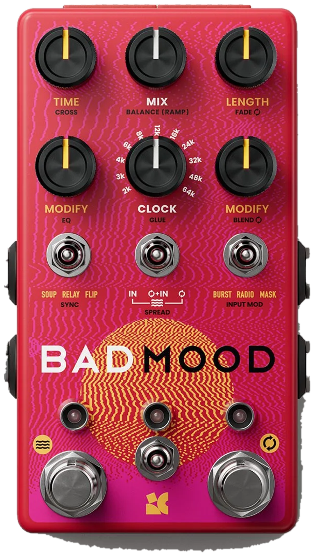 Chase Bliss Bad Mood, top view, red enclosure, six knobs, Clock knob, BAD MOOD graphic