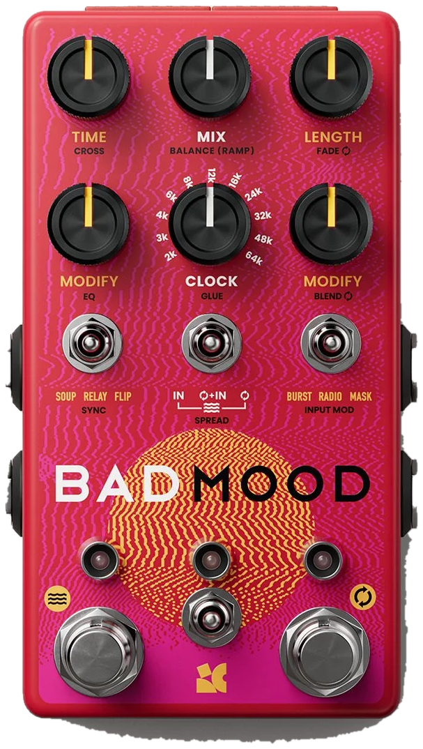 Chase Bliss Bad Mood, top view, red enclosure, six knobs, Clock knob, BAD MOOD graphic