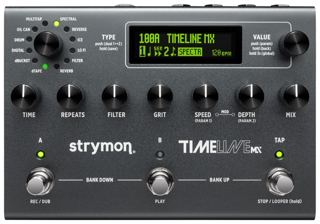 Strymon TimeLine MX, top-down, grey enclosure, green display, TIME and MIX knobs, A B and TAP footswitches
