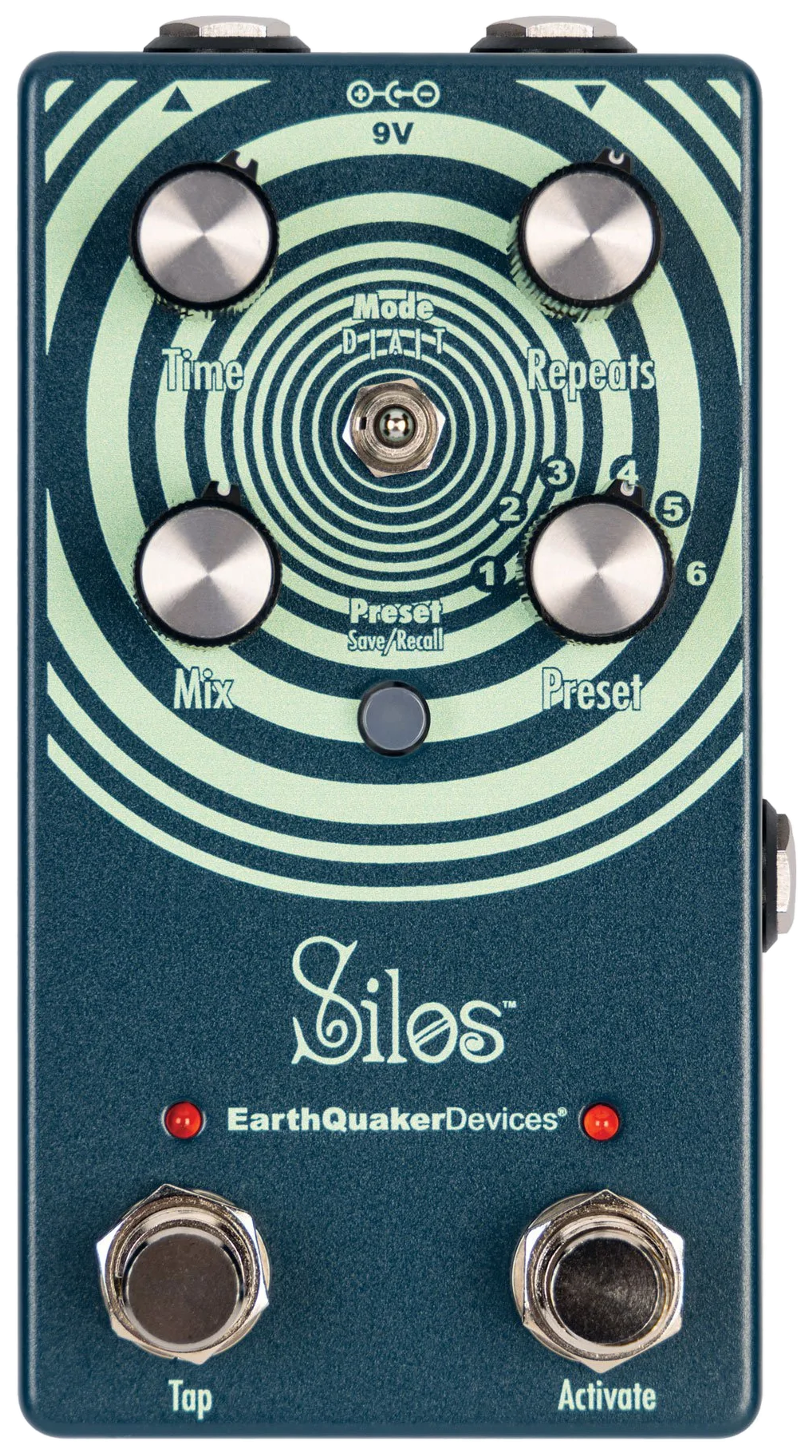 EarthQuaker Devices Silos, top-down view, teal enclosure with pale green concentric rings, Time Repeats Mix Preset knobs, Tap and Activate footswitches