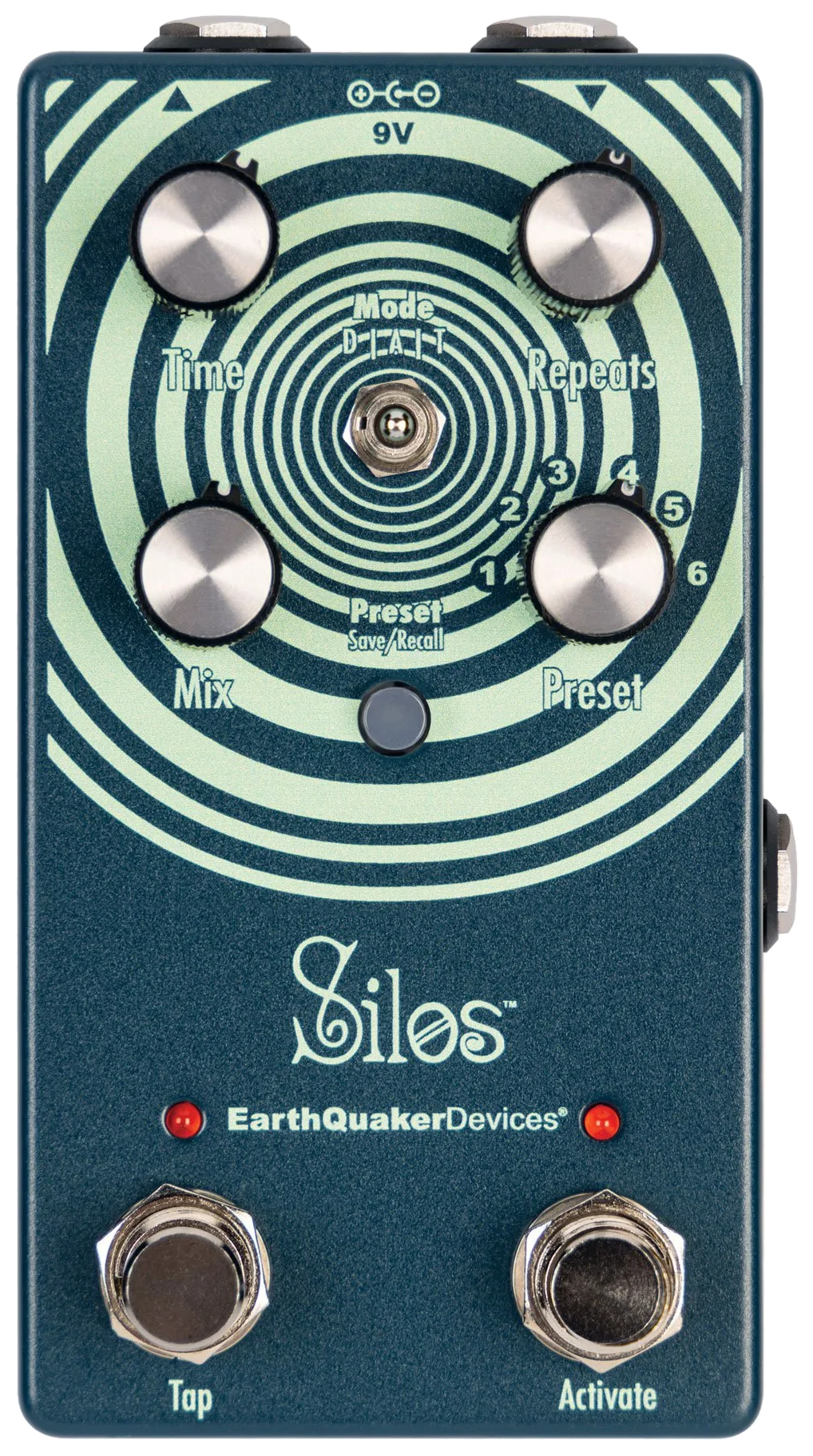 EarthQuaker Devices Silos, top-down view, teal enclosure with pale green concentric rings, Time Repeats Mix Preset knobs, Tap and Activate footswitches
