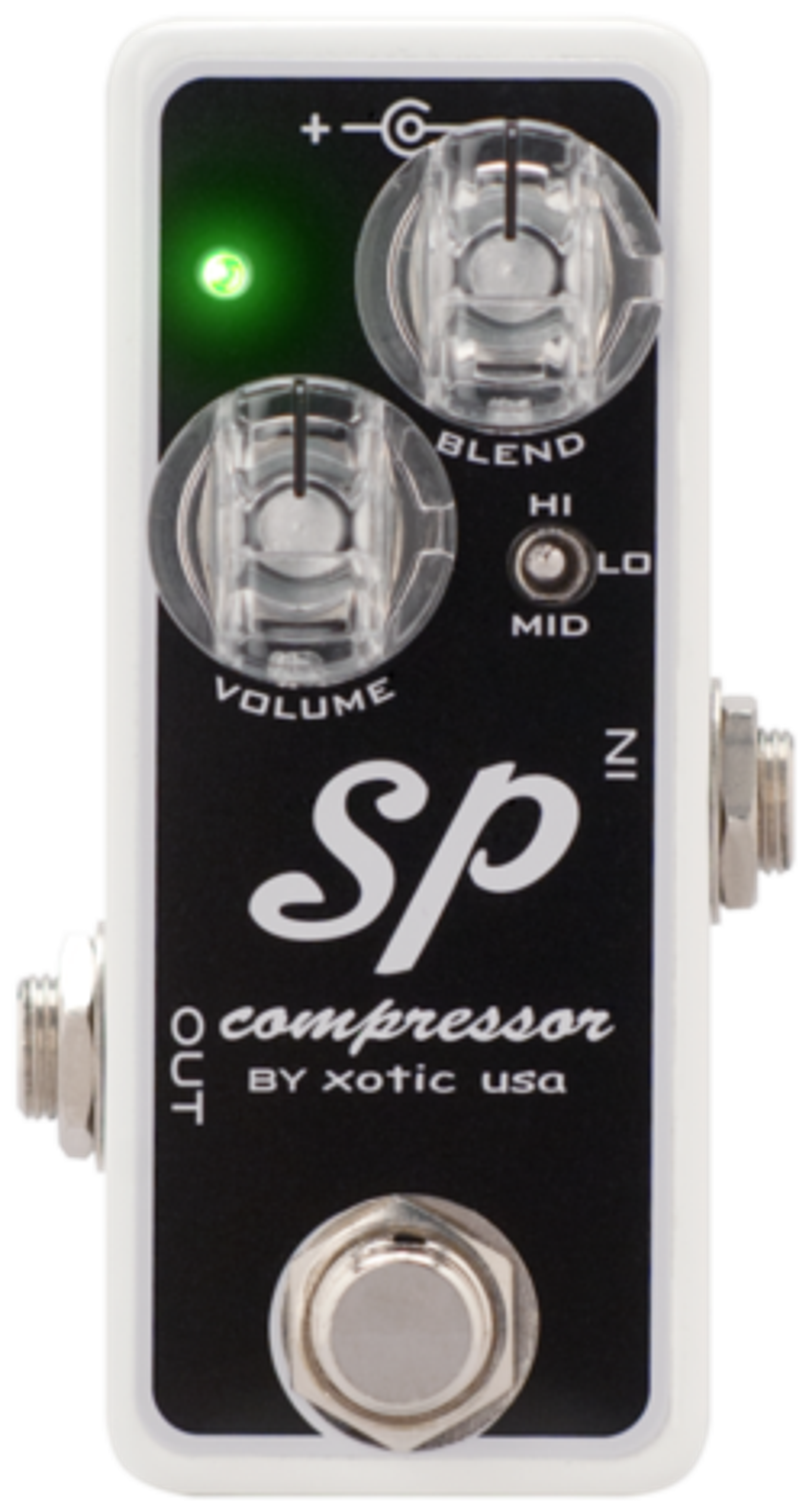 Xotic SP Compressor, top-down view, black and white mini enclosure, clear Volume and Blend knobs, Hi/Mid/Lo toggle