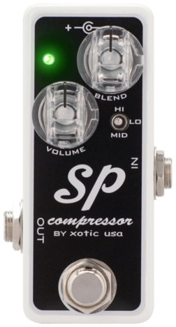 Xotic SP Compressor, top-down view, black and white mini enclosure, clear Volume and Blend knobs, Hi/Mid/Lo toggle