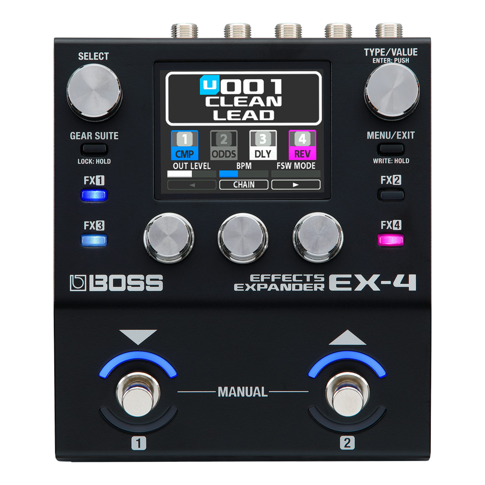 Boss EX-4 Effects Expander, top-down packshot, dual footswitches, four FX buttons and colour LCD
