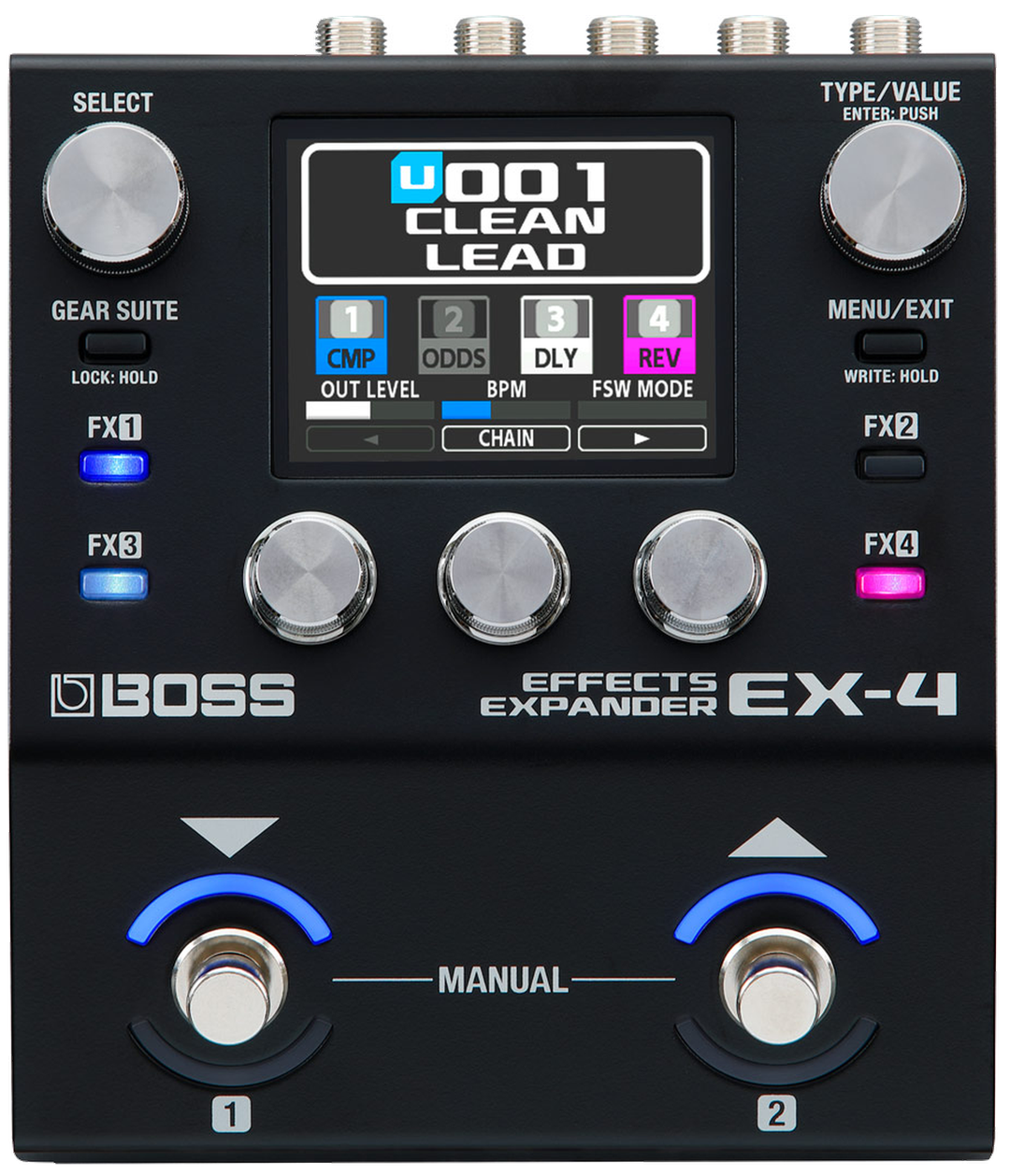 Boss EX-4 Effects Expander, top-down packshot, dual footswitches, four FX buttons and colour LCD