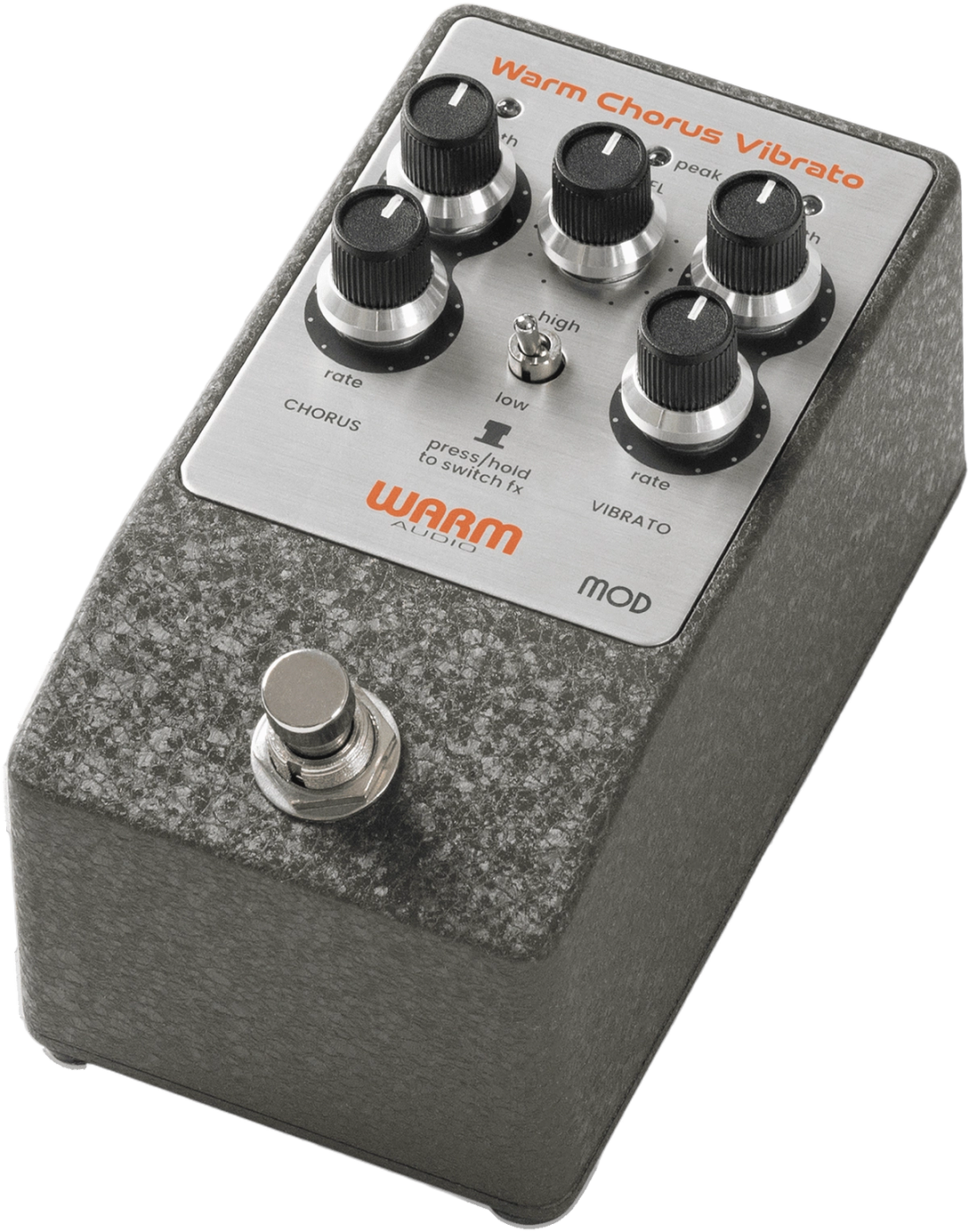 Warm Audio WA-C1 Mod, three-quarter packshot, dark hammered enclosure, silver chorus vibrato faceplate