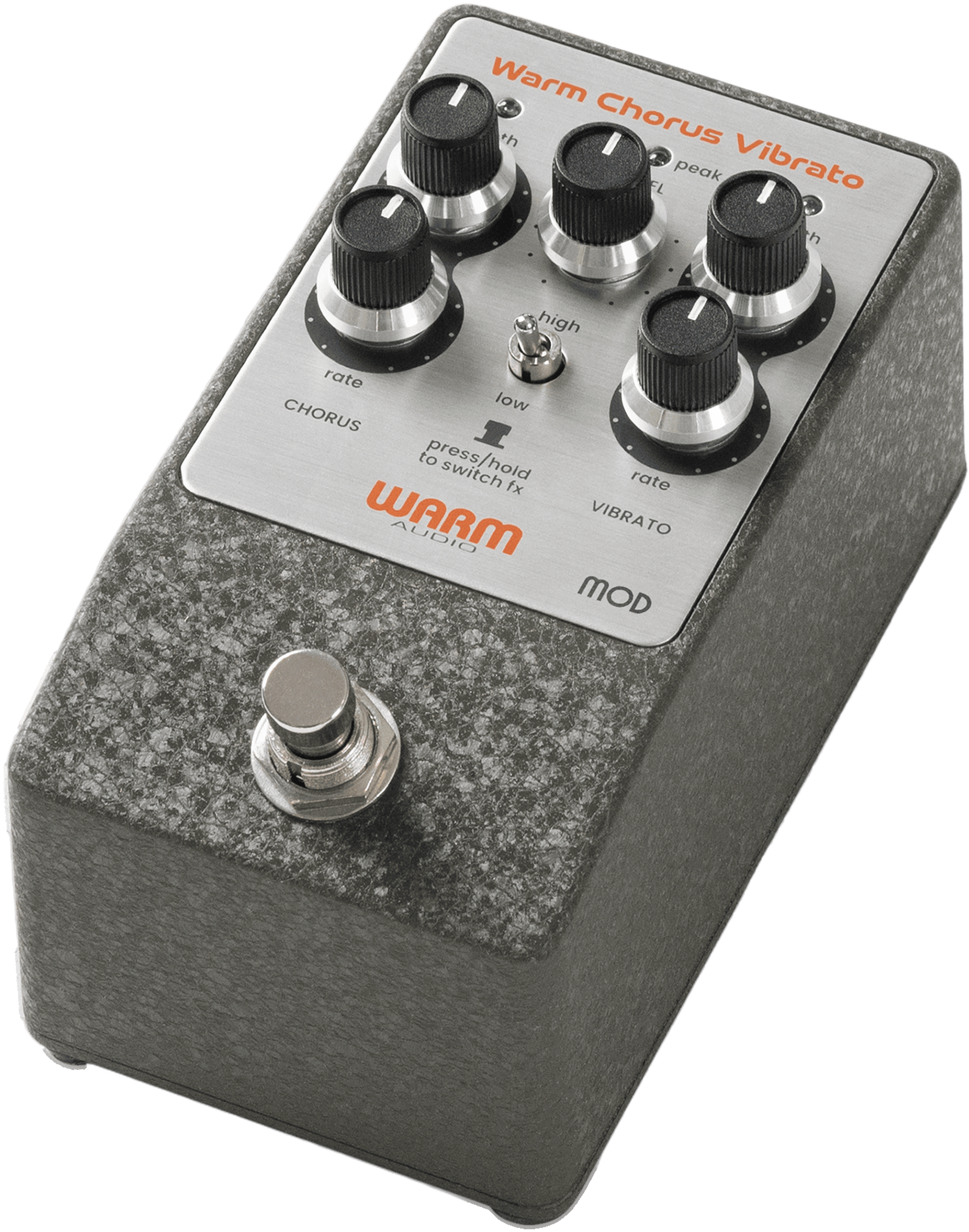 Warm Audio WA-C1 Mod, three-quarter packshot, dark hammered enclosure, silver chorus vibrato faceplate