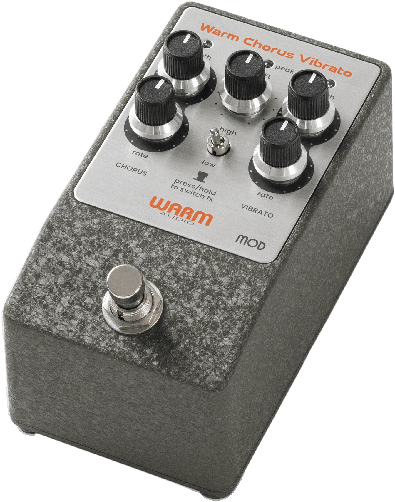 Warm Audio WA-C1 Mod, three-quarter packshot, dark hammered enclosure, silver chorus vibrato faceplate