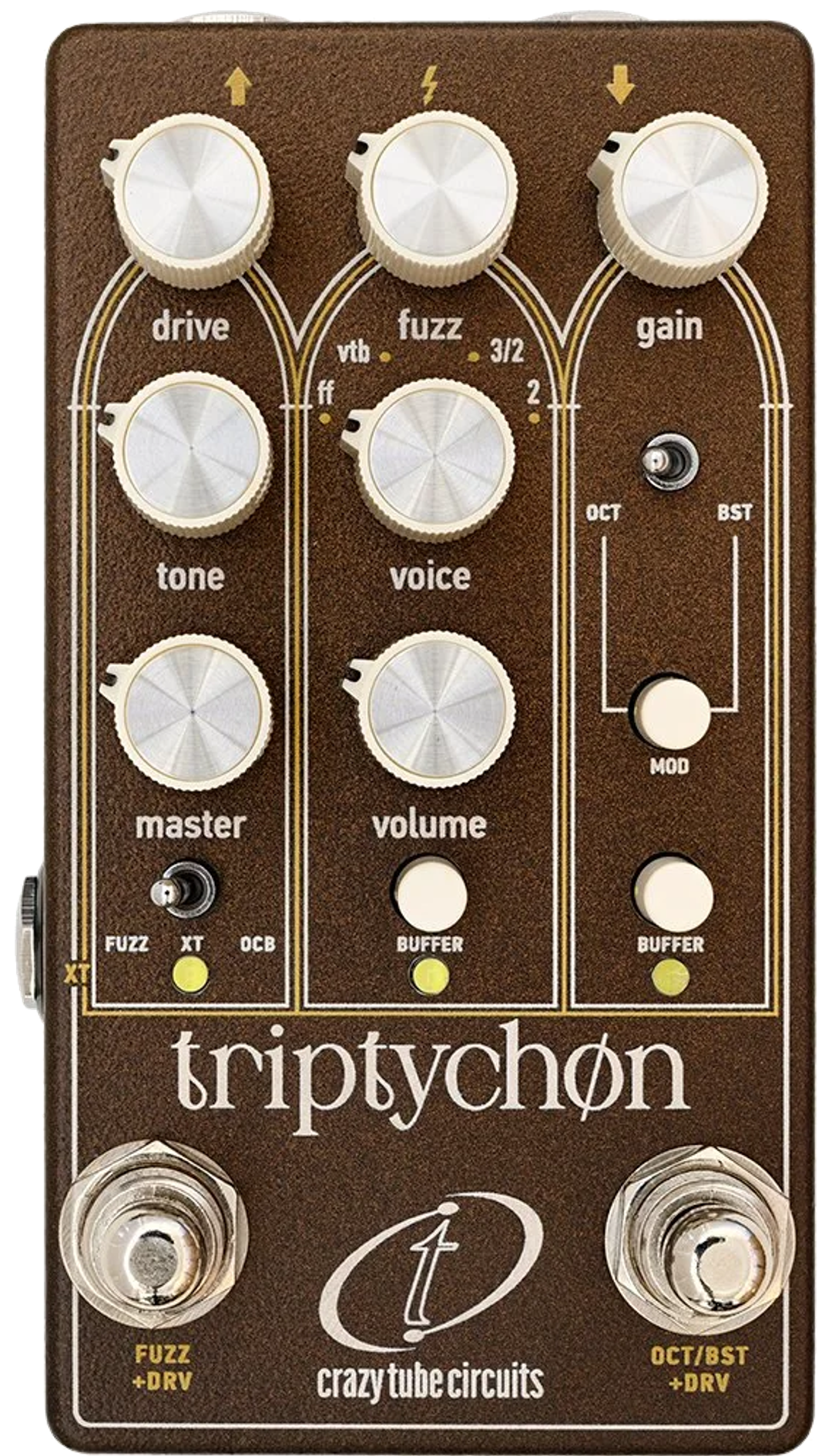 Crazy Tube Circuits Triptychon, top-down view, bronze-brown enclosure, three arched sections, two footswitches