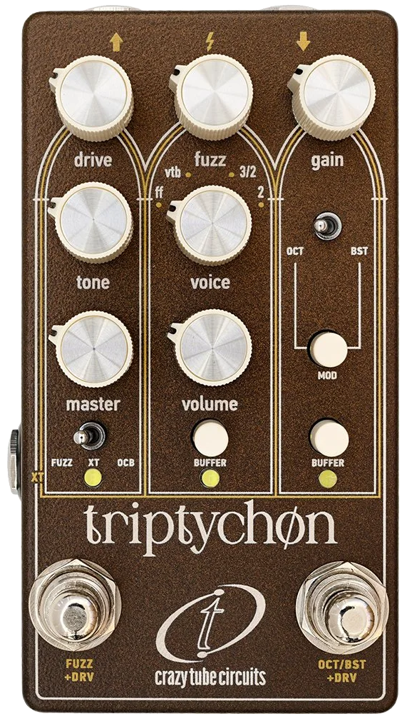 Crazy Tube Circuits Triptychon, top-down view, bronze-brown enclosure, three arched sections, two footswitches