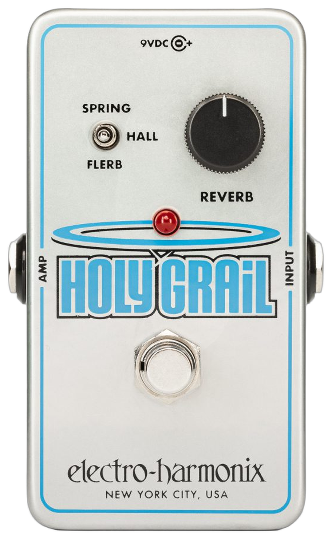 Electro-Harmonix Holy Grail Nano, top-down view, silver Nano chassis, Spring Hall Flerb switch, Reverb knob