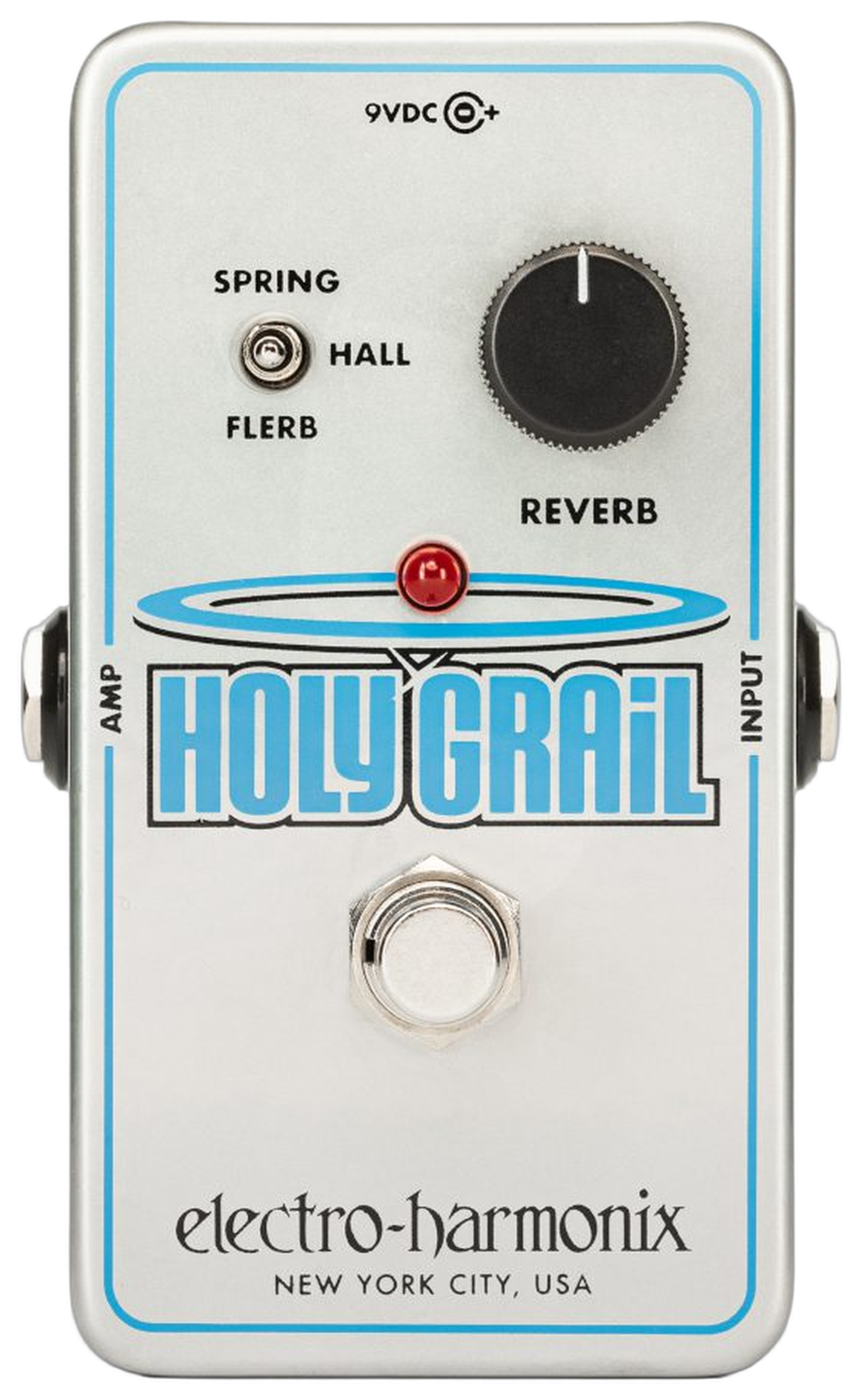 Electro-Harmonix Holy Grail Nano, top-down view, silver Nano chassis, Spring Hall Flerb switch, Reverb knob