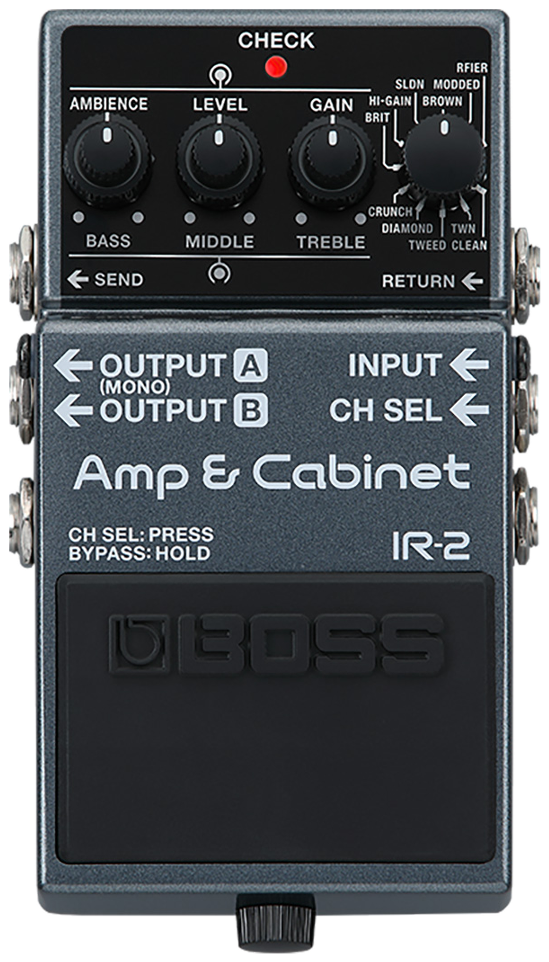 BOSS IR-2 Amp & Cabinet, top-down view, black compact housing, row of tone knobs and Type selector