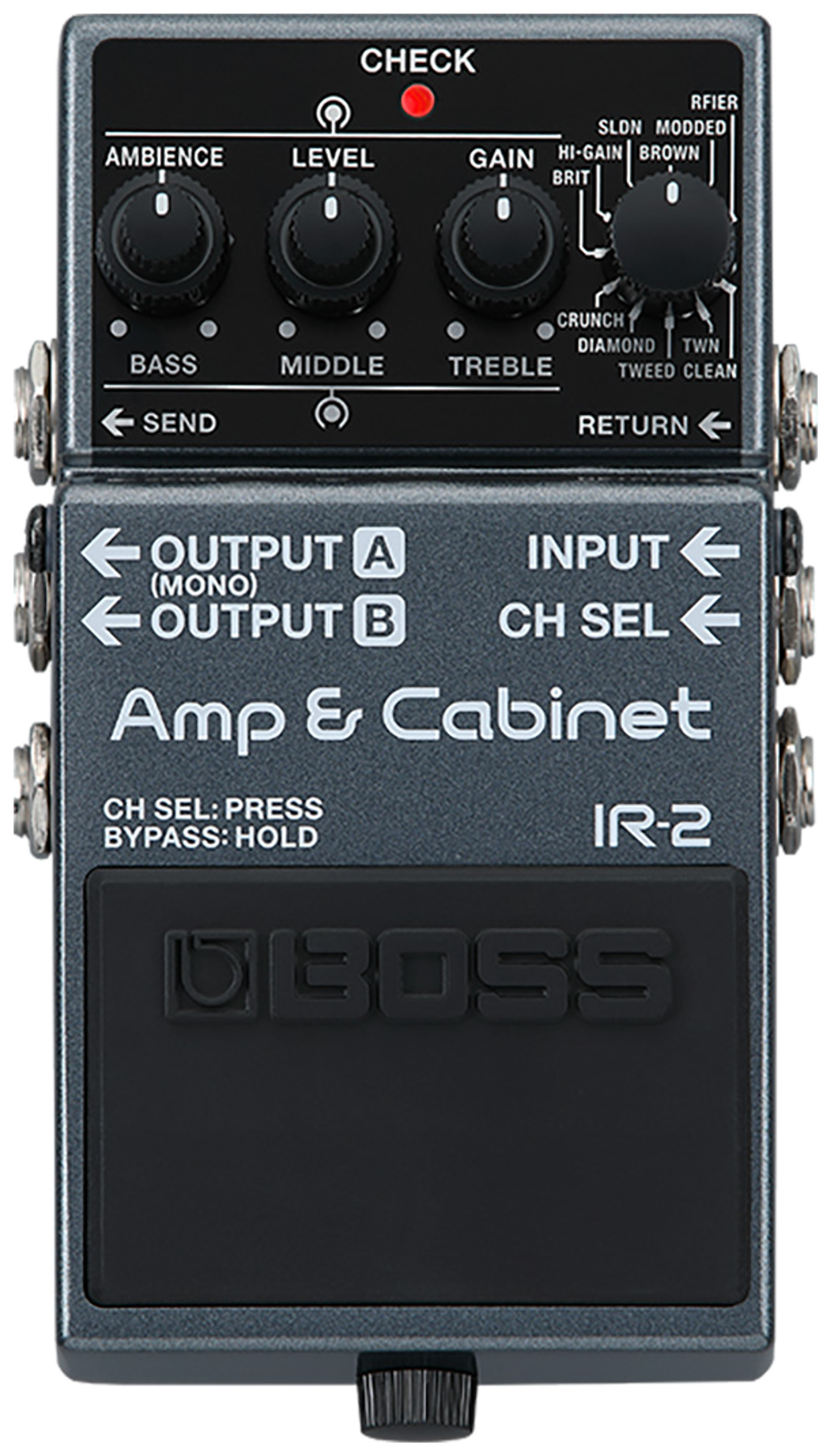 BOSS IR-2 Amp & Cabinet, top-down view, black compact housing, row of tone knobs and Type selector
