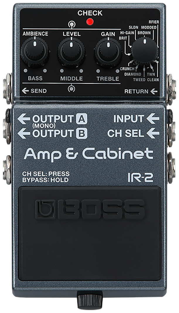 BOSS IR-2 Amp & Cabinet, top-down view, black compact housing, row of tone knobs and Type selector