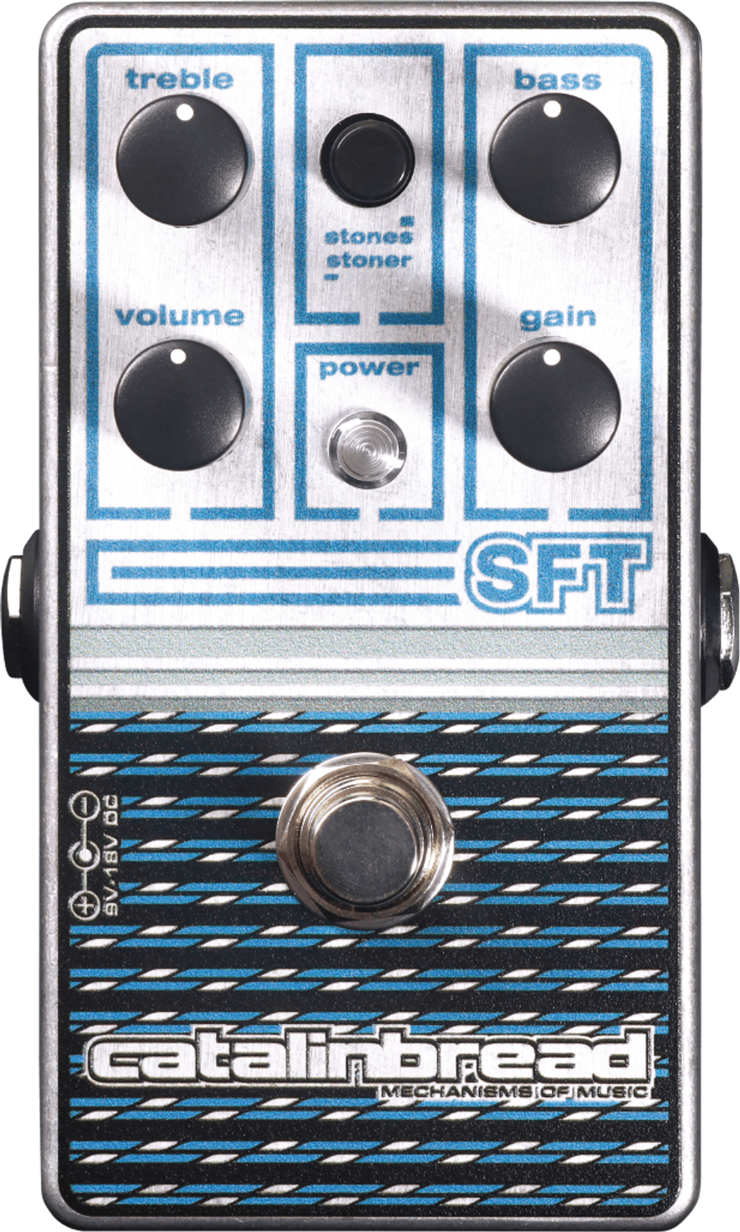Catalinbread SFT overdrive pedal, top view, silver enclosure with blue line artwork, four knobs, Stones/Stoner switch and footswitch